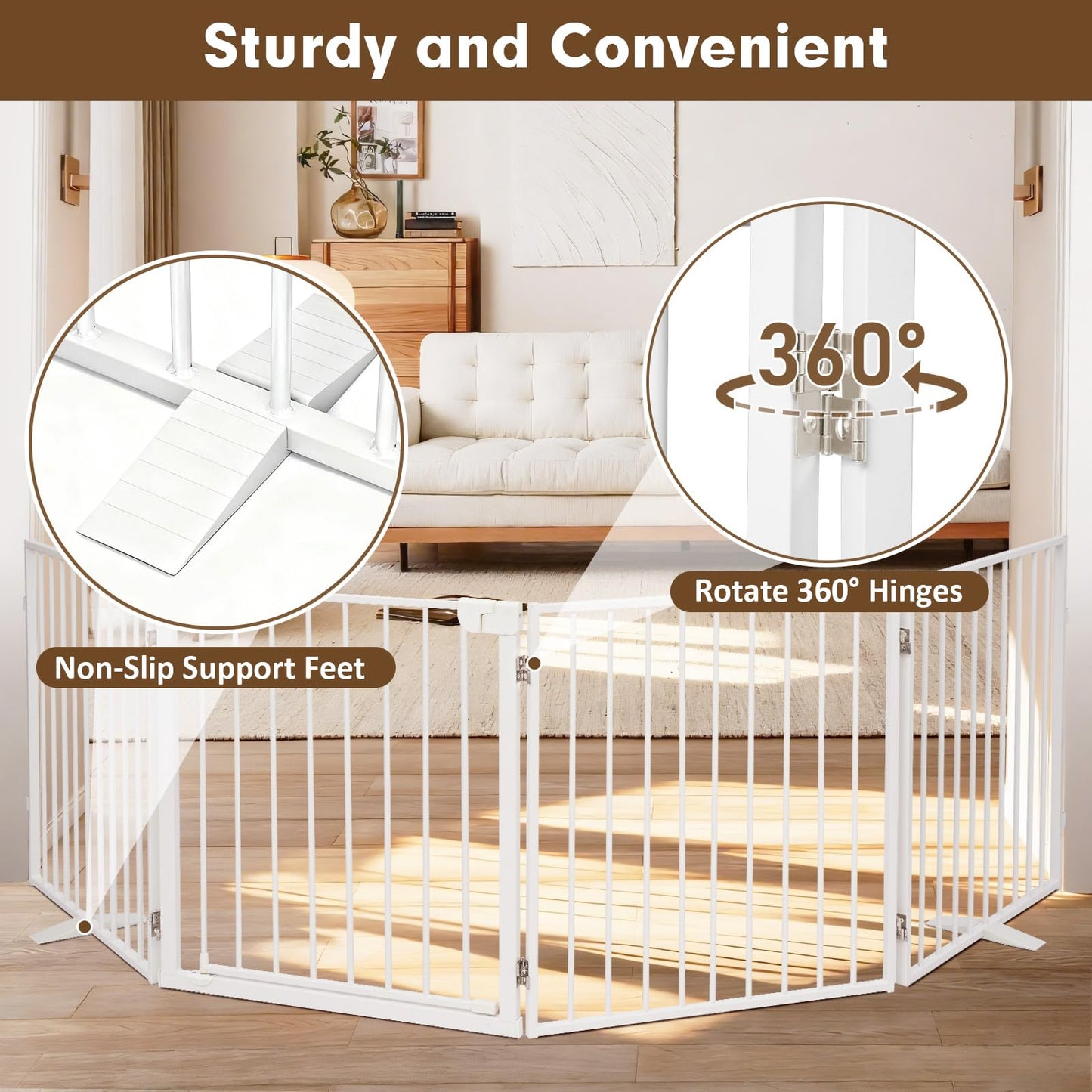 104" Extra Wide Dog Gate, Heavy Duty Metal Freestanding Dog Gate with Door for Indoor & Outdoor, Foldable Pet Fence for Doorways,House,Porch,Deck,Yard,Stairs, Auto Close(4 Panels,White)