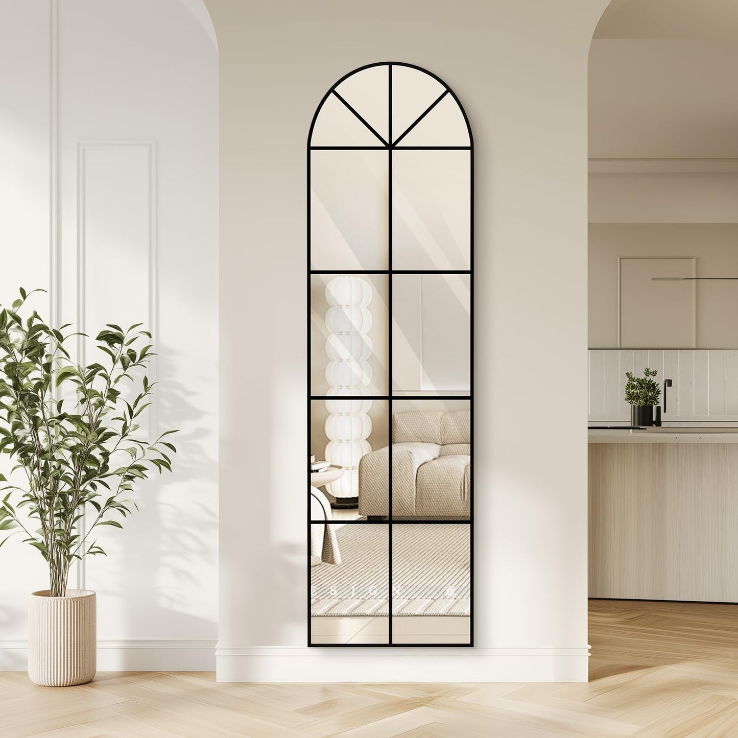 Muzilife Arched Full Length Window Mirror, 16x56 Windowpane Body Mirror with Metal Frame, Wall Mounted Hanging or Leaning for Door， Bedroom, Living Room, Black, No Stand, Upgraded