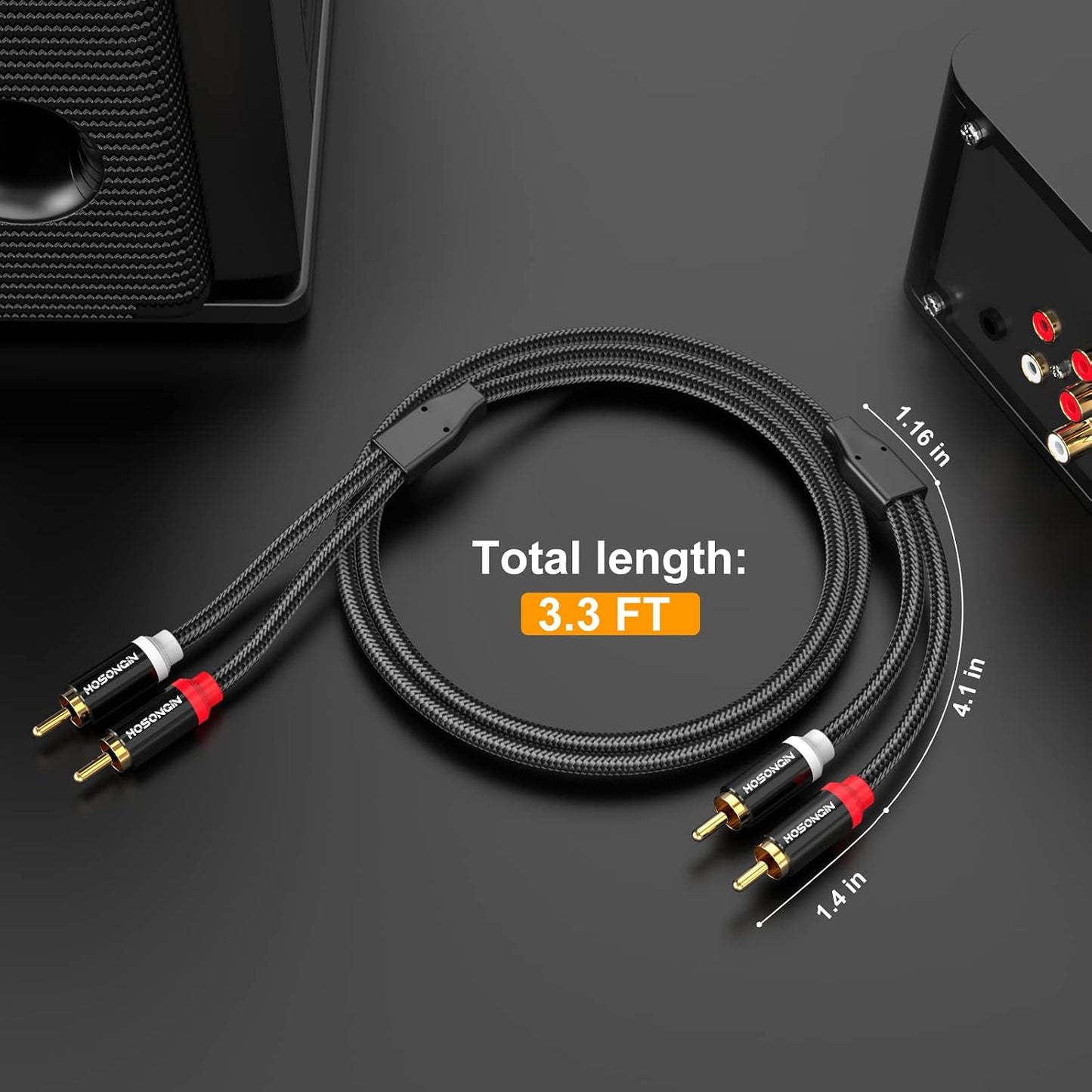 3.3ft 2 Pack[Hi-Fi 2-Male 2-Male HOSONGIN RCA Cables Sound, Nylon Braided, Shielded], to RCA Audio Stereo Subwoofer