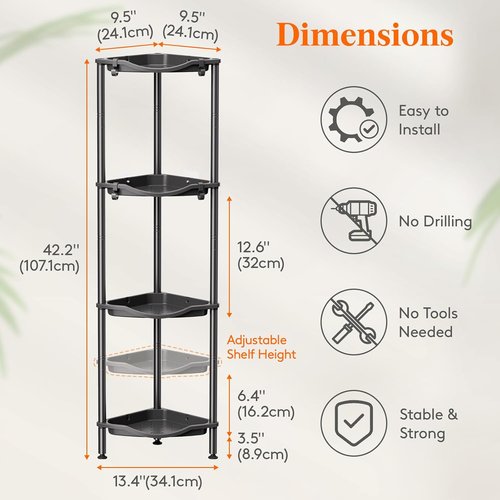 Lifewit Shower Caddy - 4-Tier Rustproof Corner Rack with Adjustable Feet & Hooks | Black, 34 x 24 x 107 cm