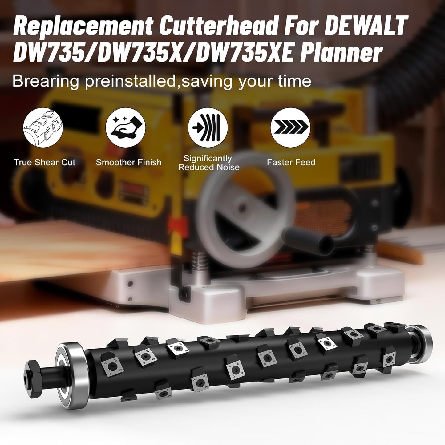 Upgrade 13 Inch Helical Cutterhead Compatible with DW735 DW735X，4 Rows for DeWalt Thickness Planer, Quiet & Efficient， Pre-Installed Bearing, 5 Spare Carbide Blades, Screws & T Wrench