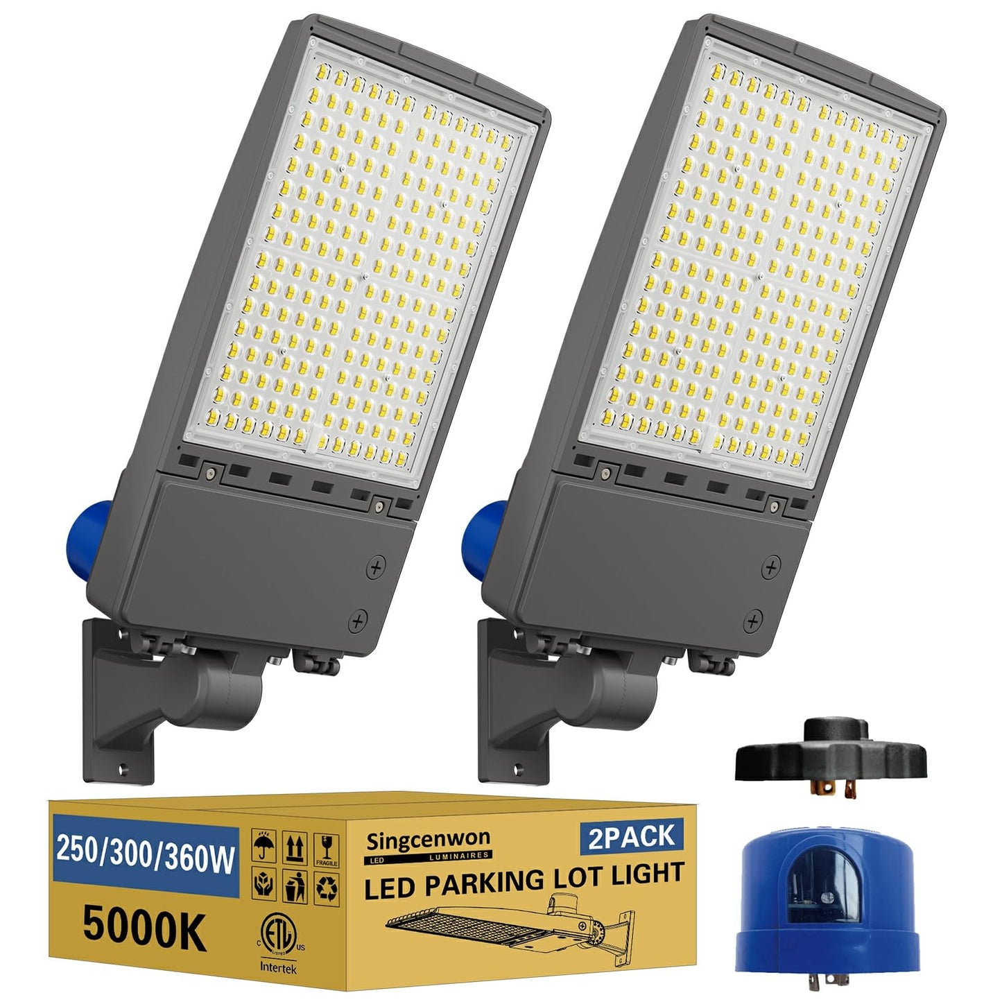 360W LED Parking Lot Light 2Pack: 250/300/360W Selectable, 57600LM 5000K LED Shoebox Light with Photocell, Arm Mount Flood Light, Commercial Outdoor Area Lighting for Driveway Stadium Roadways, ETL
