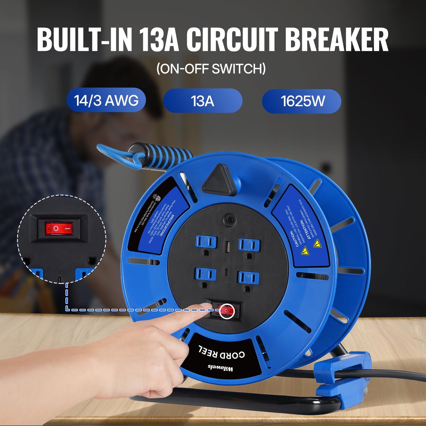 WILAWELS Extension Cord Storage Reel with 4-Grounded Outlets and 80 FT Retractable Extension Cord Reel Bundle, for Indoor Outdoor Use J95CR06-U80ACR06