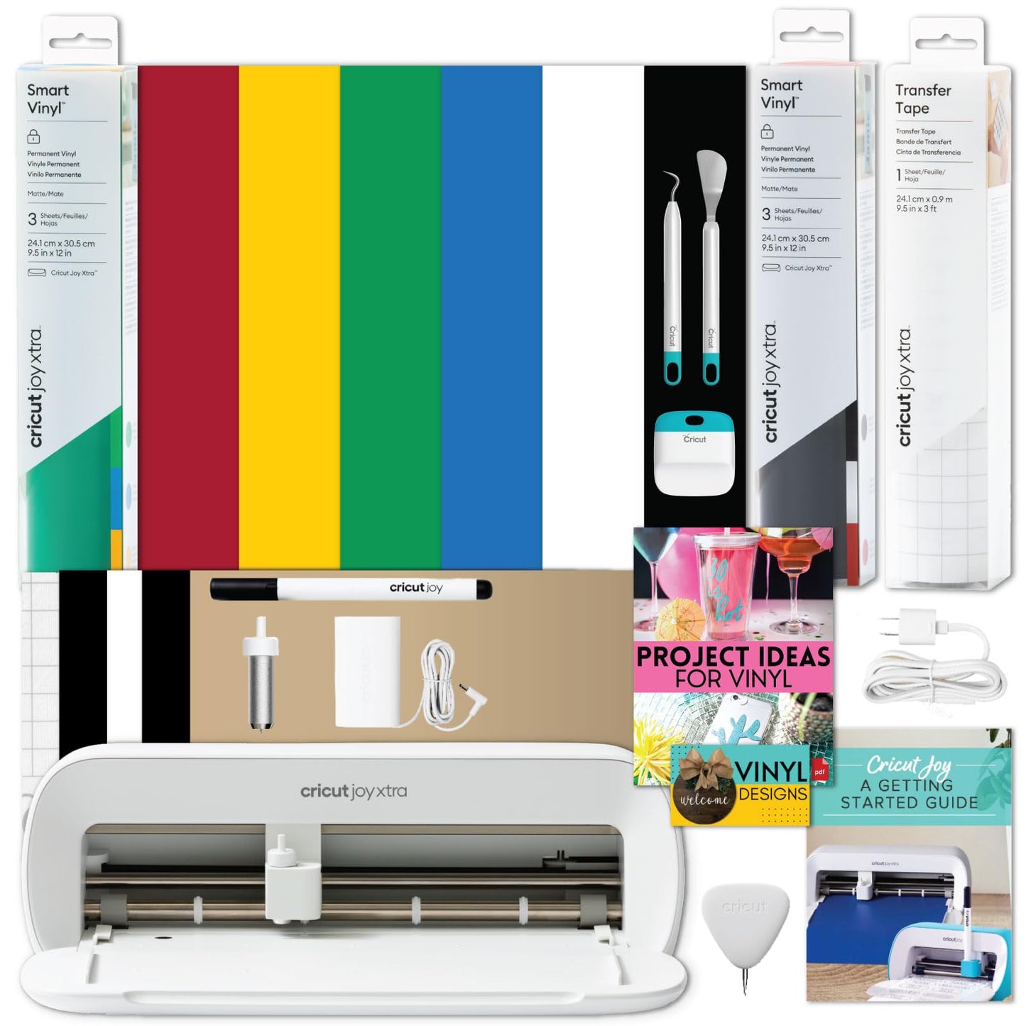 Cricut Joy Xtra Cutting Machine and Smart Vinyl Bundle for Labels, Decals & Custom Projects - Includes Rainbow Permanent Vinyl, Transfer Tape, Tools & Design Guides