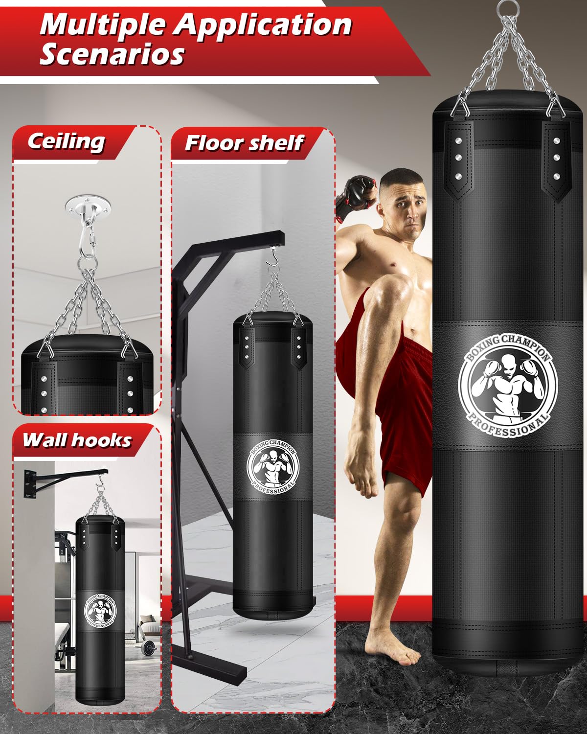 YORWHIN Hanging Punching Bag for Adults, 4FT Oxford Boxing Heavy Bag, Heavy Boxing Bag Set with Hand Wraps Chains, Kick Punching Bags for MMA Karate Kickboxing Boxing Muay Thai Training(Unfilled)