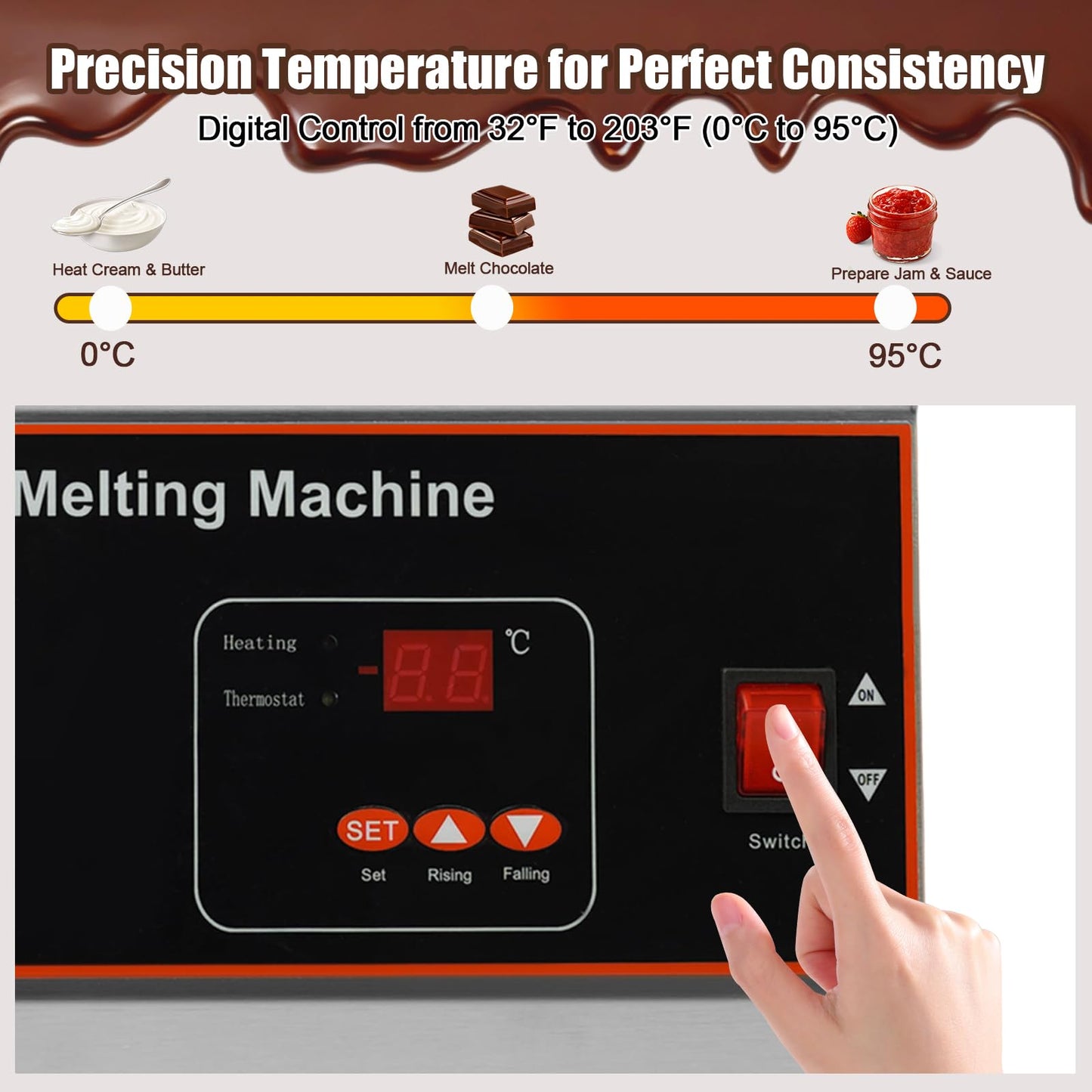 Headery Chocolate Tempering Machine, 26.46 lbs Commercial Chocolate Melting Pot, 500W 32-203°F Stainless Steel Food Warmer with Lid for Chocolate/Milk/Cream Melting and Heating (One Pots)