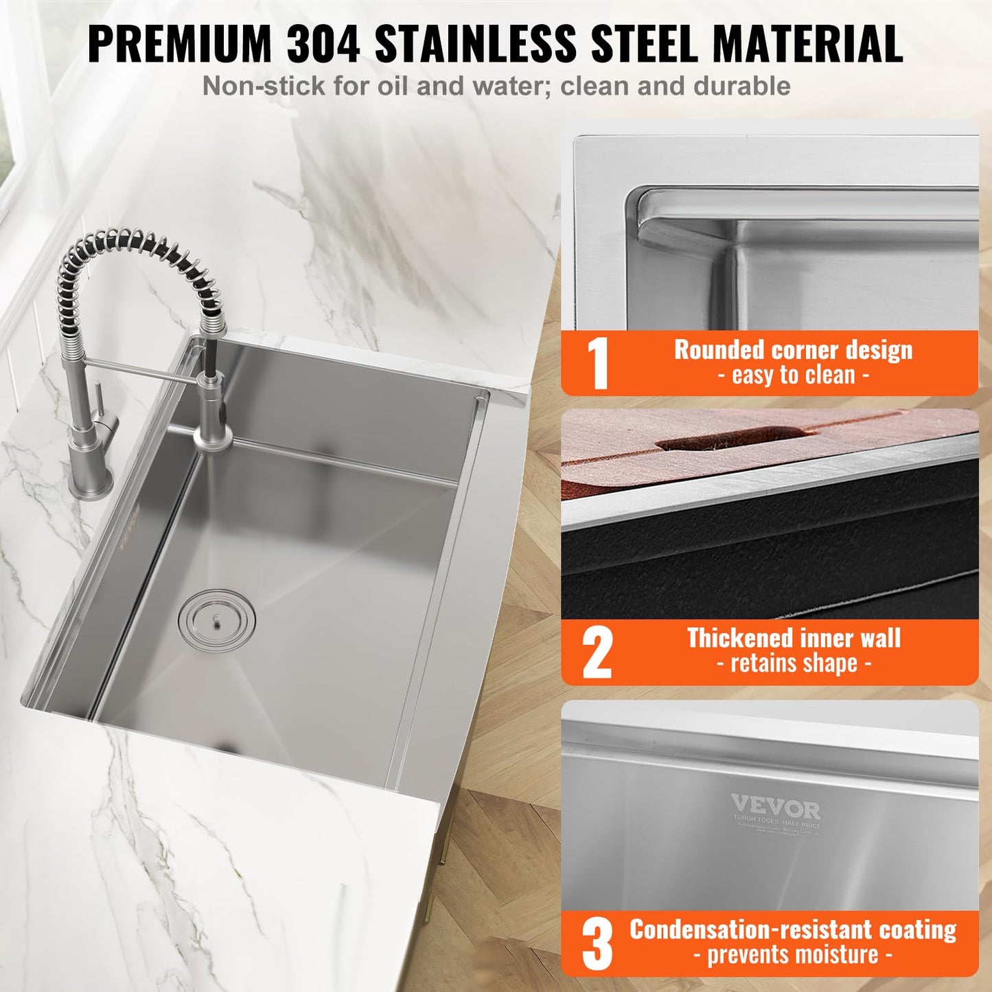 VEVOR Farmhouse Kitchen Sink, 304 Stainless Steel Drop-In Sinks, Top Mount Single Bowl Basin with Ledge & Accessories, Household Dishwasher Sinks for Workstation, Prep Kitchen, and Bar Sink, 30 inch