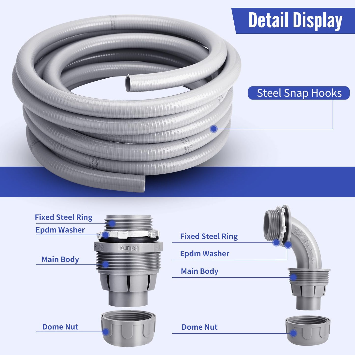 AISIMEE Liquid Tight Conduit 2inch 25FT,Flexible Non-Metallic Liquid Tight Flex Electrical Conduit and Connector Kit with 5 Straight and 3 90-Degree Conduit Connector Fittings