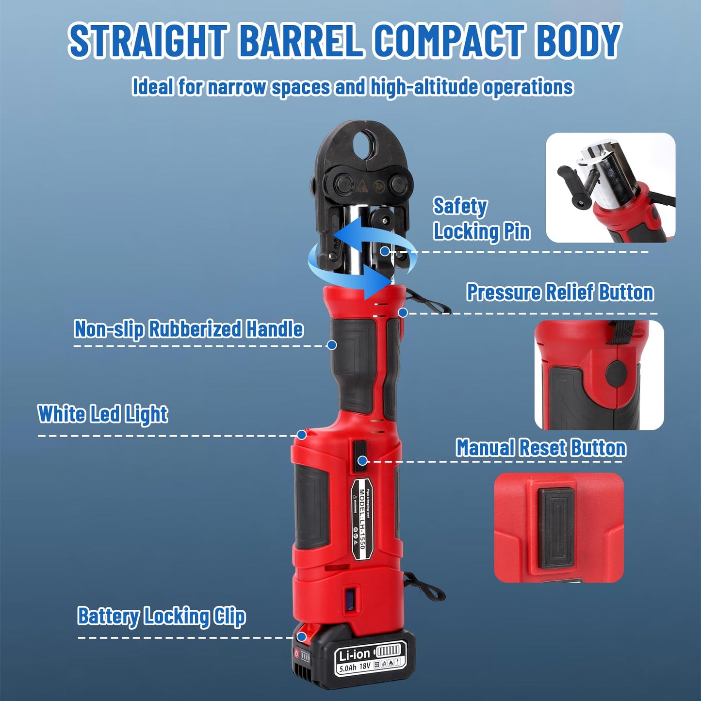Pro Press Tool,18V Electric Pipe Crimping Tool with 4 Pro Press Jaws 1/2” 3/4“ 1” 1-1/4” US Standard for Copper, 2PCS 4AH Battery, Fast Charger & Carrying Case