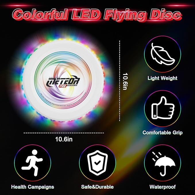 Light Up Flying Disc with 16 Millions Colors-45 LEDs & 13 Light Modes Flying Ring, Glow in The Dark Flying Disc for Adult Kid Teen Rechargeable&Waterproof Camp Beach Toy Birthday Gift