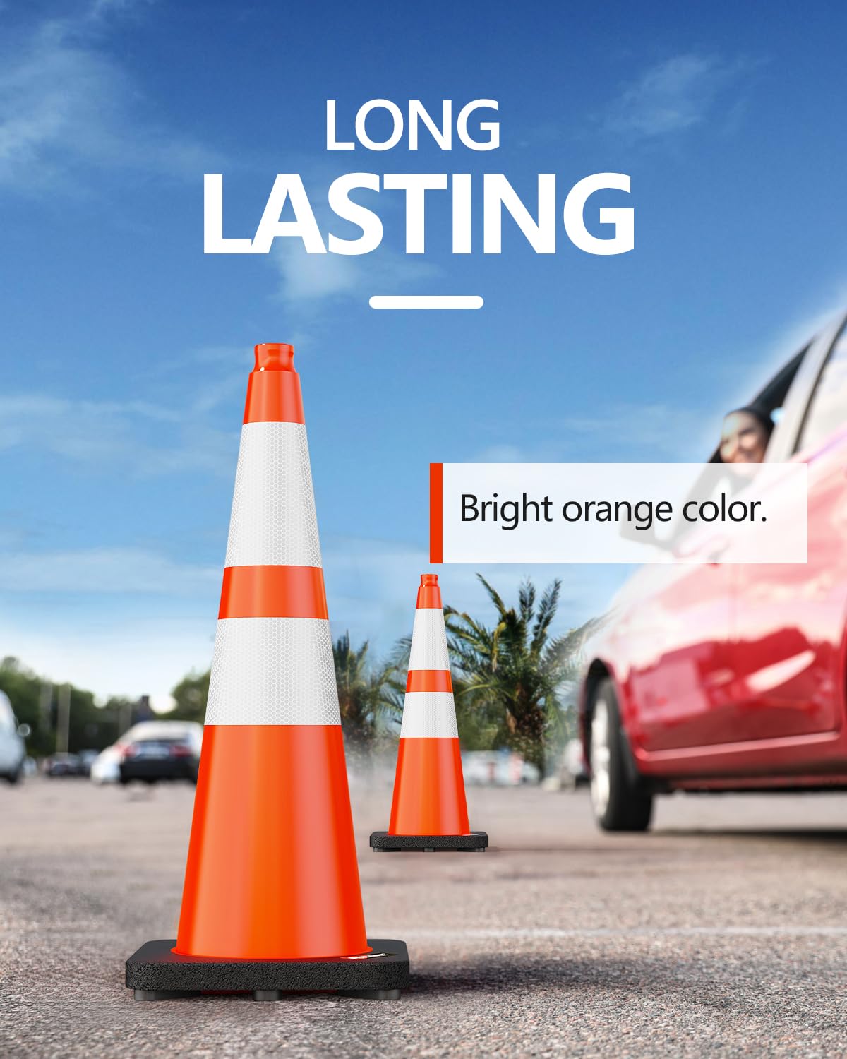 (8 Pack) BATTIFE Traffic Cones 28 Inch with Black Weighted Base, PVC Orange Cone for Traffic Control, Construction Events, Driveway Road Parking Lot