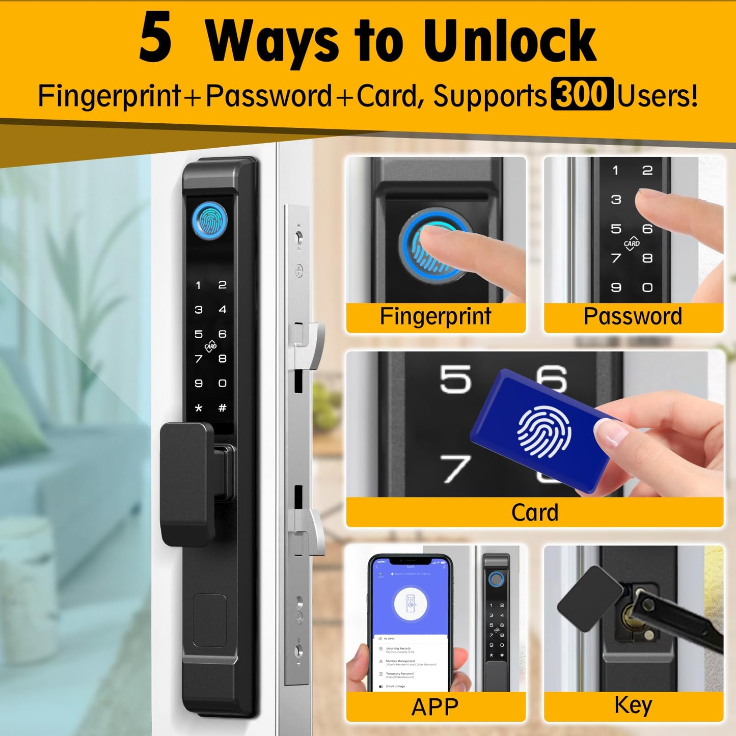 Sliding Glass Door Lock, Eseesmart Sliding Door Smart Lock with Fingerprint Code Keypad RFID Card Bluetooth App Key, Electronic Digital Biometric Keyless Entry Patio Door Lock with Handle