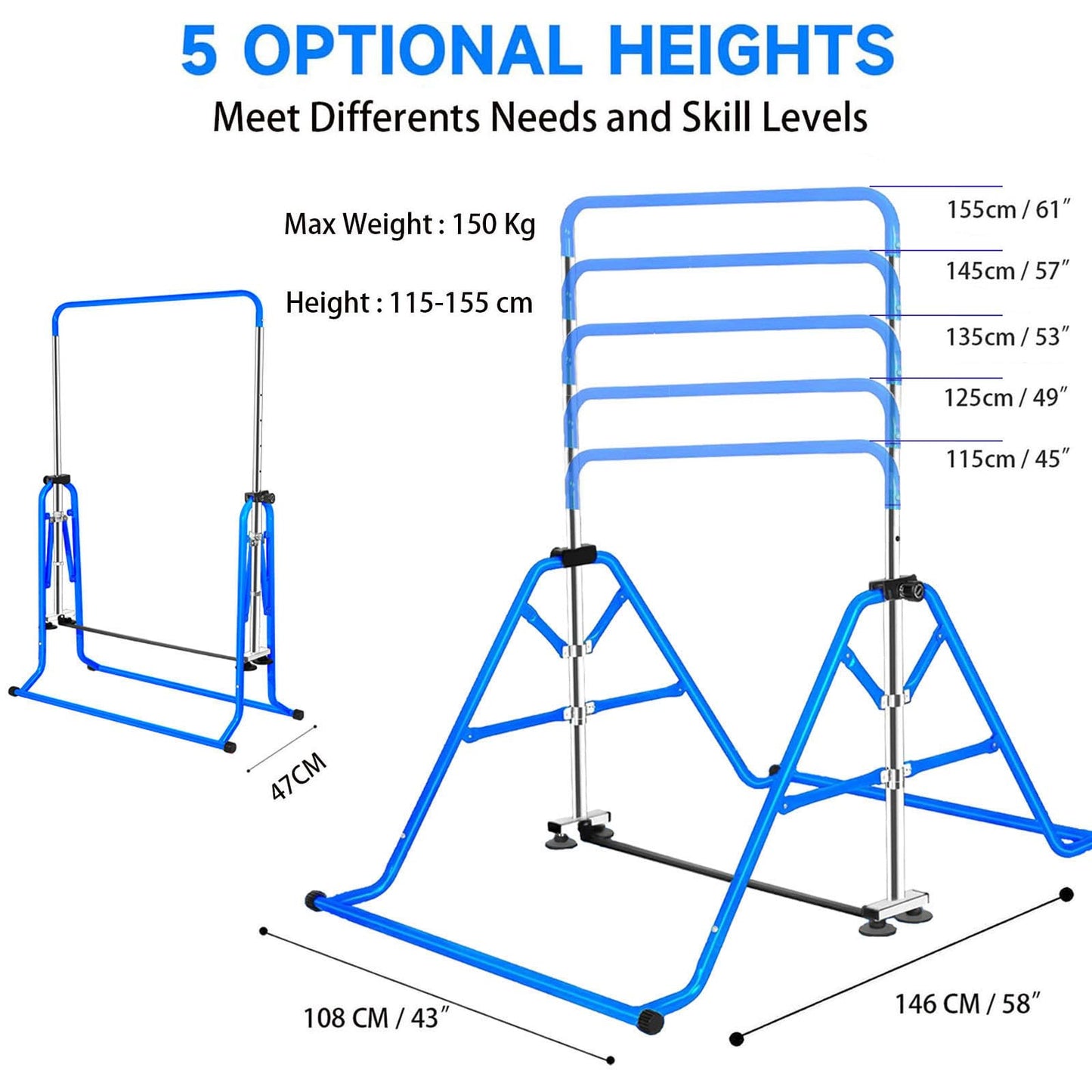 FCOUMY Gymnastics Horizontal Bar, Junior Training Kip Bar Gymnastics Equipment for Home, Adjustable Telescopic Height Folding Horizontal Bar with Gymnastic Rings for 3-12 Years Old Kids