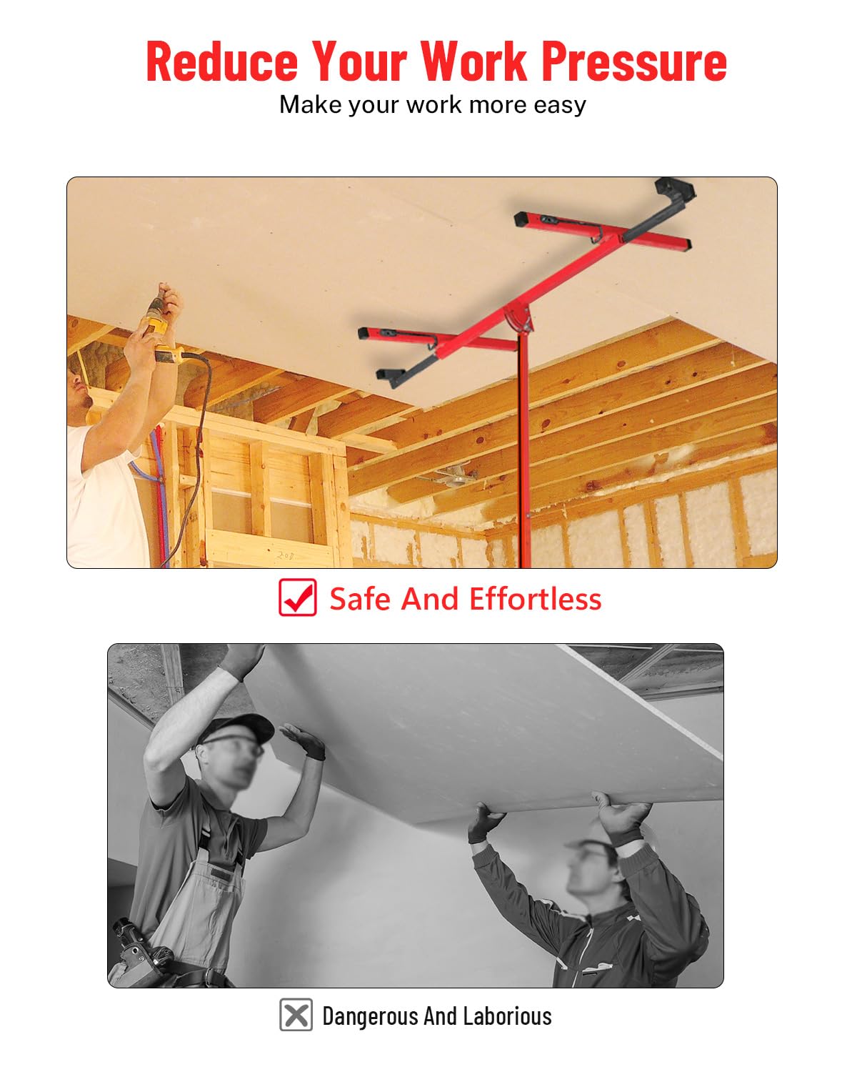Drywall Lift Jack 150LB Capacity, 3.5FT-11FT Adjustable Height, 60° Tilt & 360° Rotation, Heavy Duty Steel Sheetrock Hoist with Wheels for Ceiling & Wall Installation, Professional Panel Lifter