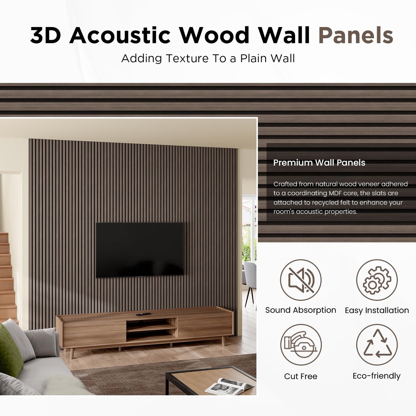 SMARTSTANDARD Wood Slat Acoustic Wall Panels 2 Pack 94"x23.6" Classic Dark Walnut, Noise Reducing and Sound Absorbing, Decorative Slat Panels for Home Studio Office Living Room