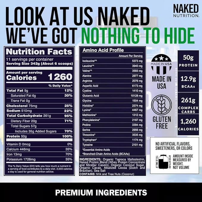 NAKED Double Chocolate Mass - 1,260 Calories, 50G Protein, Nothing Artificial. All Natural Weight Gainer Protein Powder - 8Lb Bulk, GMO Free, Gluten Free & Soy Free