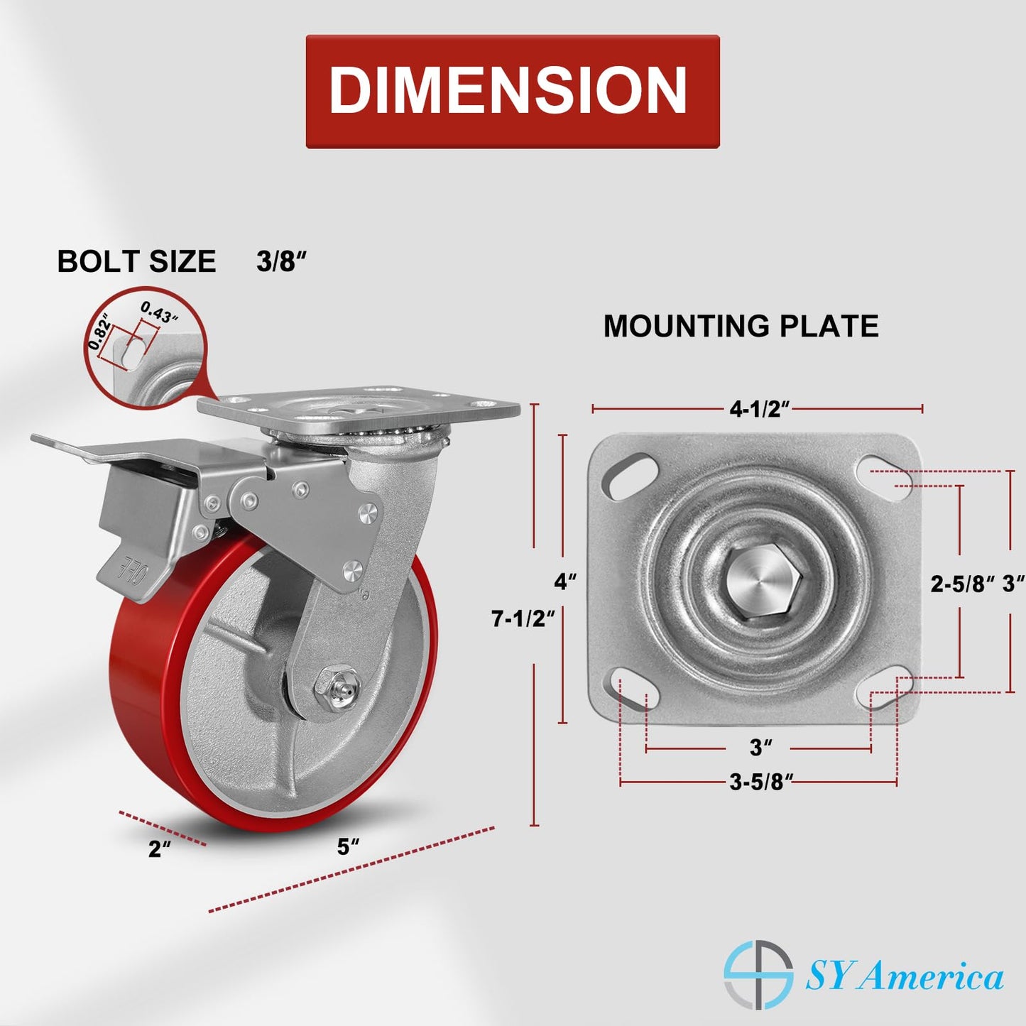 SY America 6" X 2" Casters - Heavy Duty Industrial Casters, 2 Swivel Total Lock Brake Casters,2500 lbs Capacity