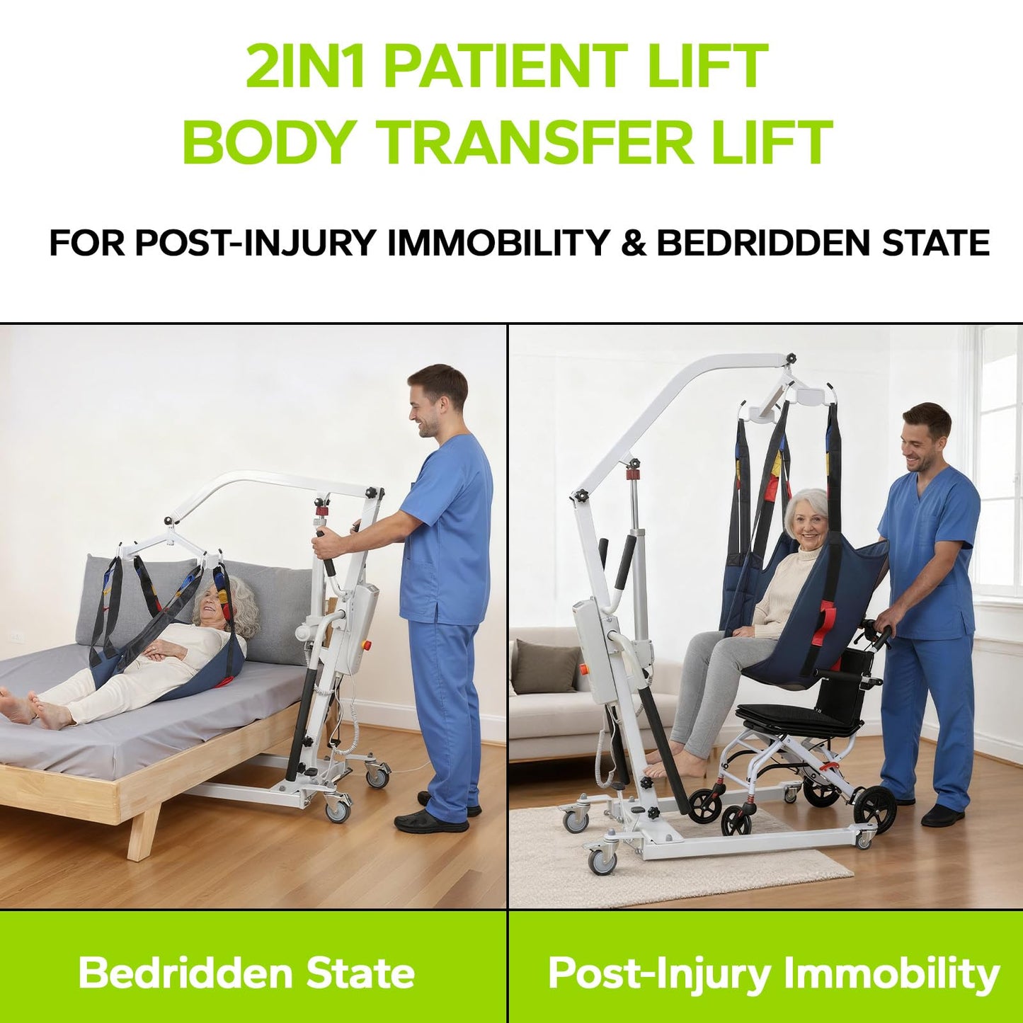 2IN1 Electric Patient Lift with StandUp Assist | 8000N Body Transfer Lift for Home Use | Wheelchair, Toilet Transfers,Rehabilitation Recovery | Elderly Disabled Mobility Aid | 2 Slings Battery Powered