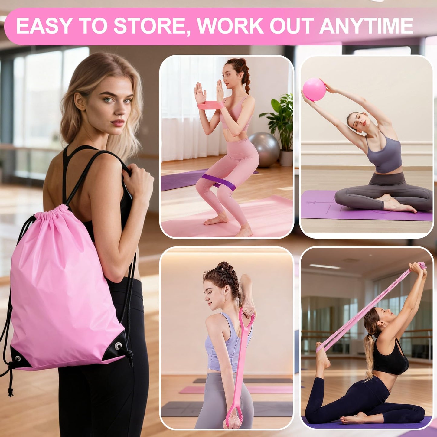 Janhemei Pilates Kit for Women, Pilates Equipment with 13'' Magic Circle, Pilates Ring and Ball Set with 5 Strength Bands, Hip Thrust Belt, Compact Workout Set at Home