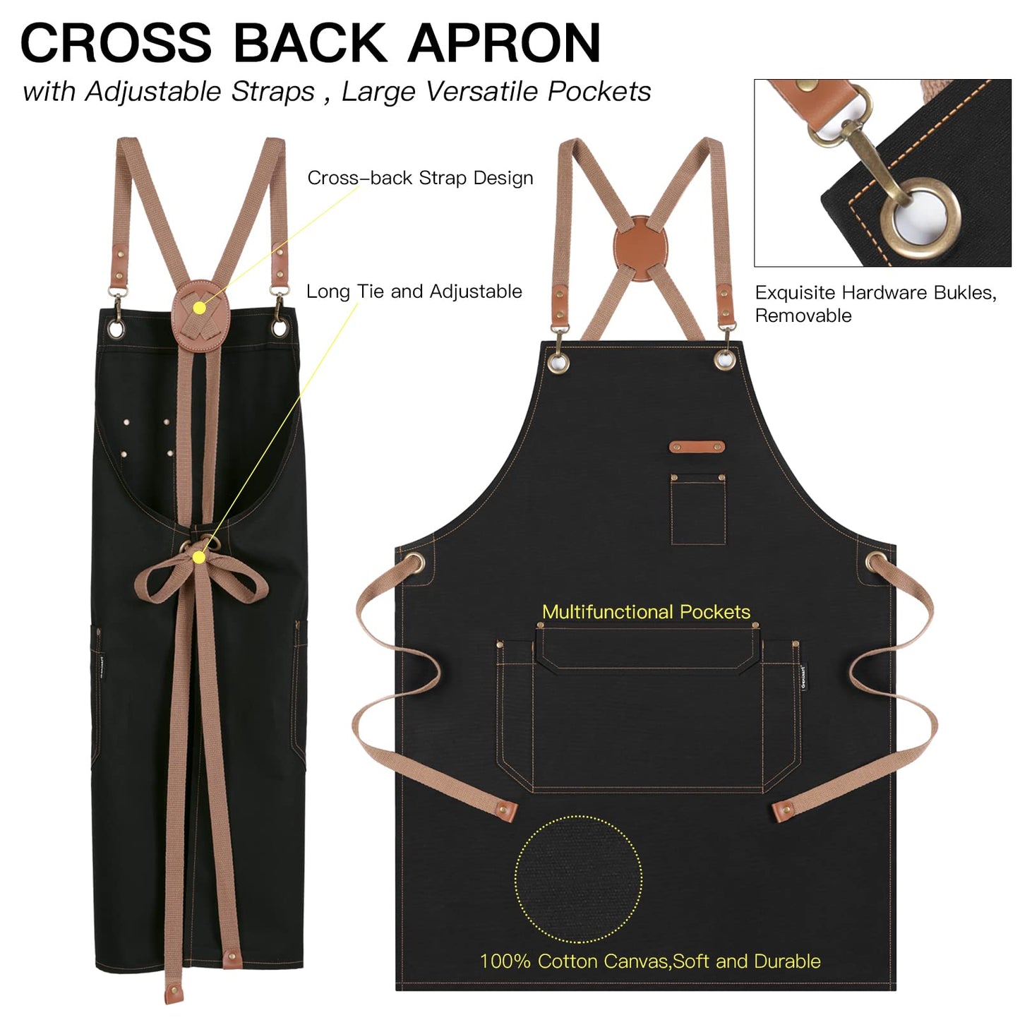 RockyToy Chef Apron with Cross Back Straps for Men Women, Cotton Canvas Apron for Artists Painting, Kitchen Cooking - Black