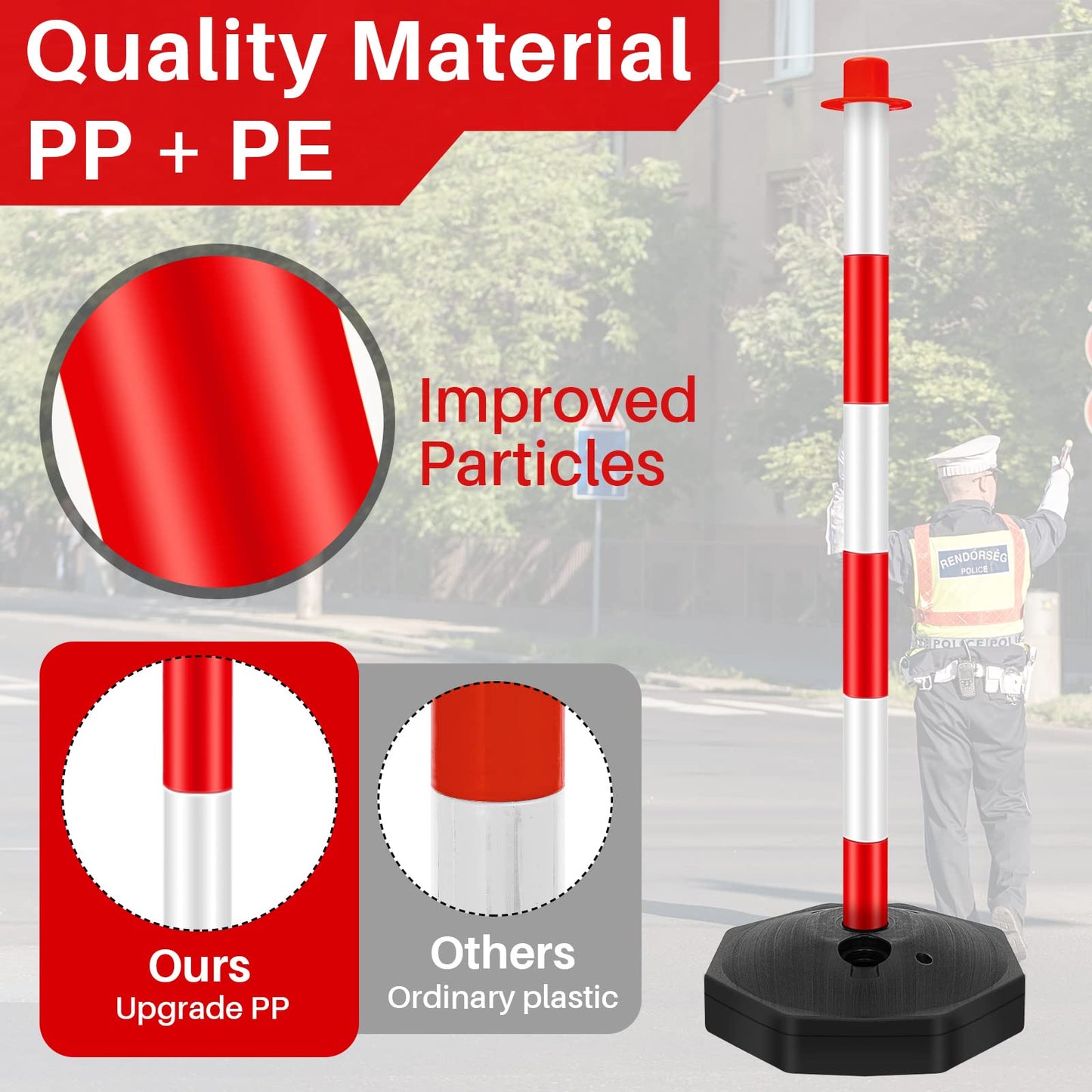Konohan 6 Pack 34 Inch Parking Cone Delineators Post Traffic Cone Plastic Stanchion Set Stands Parking Barrier with Base 6.6 ft Chain S Hooks Reflective Collar (Red,White)