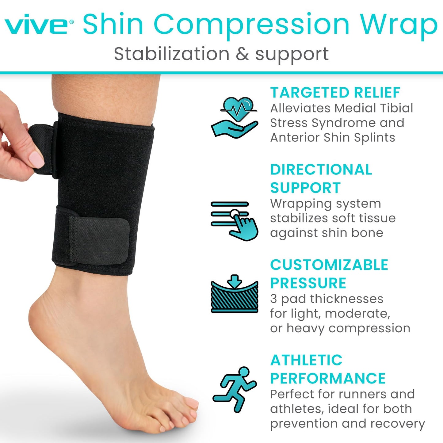 Vive Shin Splint Compression Wrap (Pair) - Adjustable Brace for Pain Relief, Support and Recovery - Lower Calf Compression Sleeve - for Medial Tibial Stress Syndrome and Anterior Shin Splints (Black)
