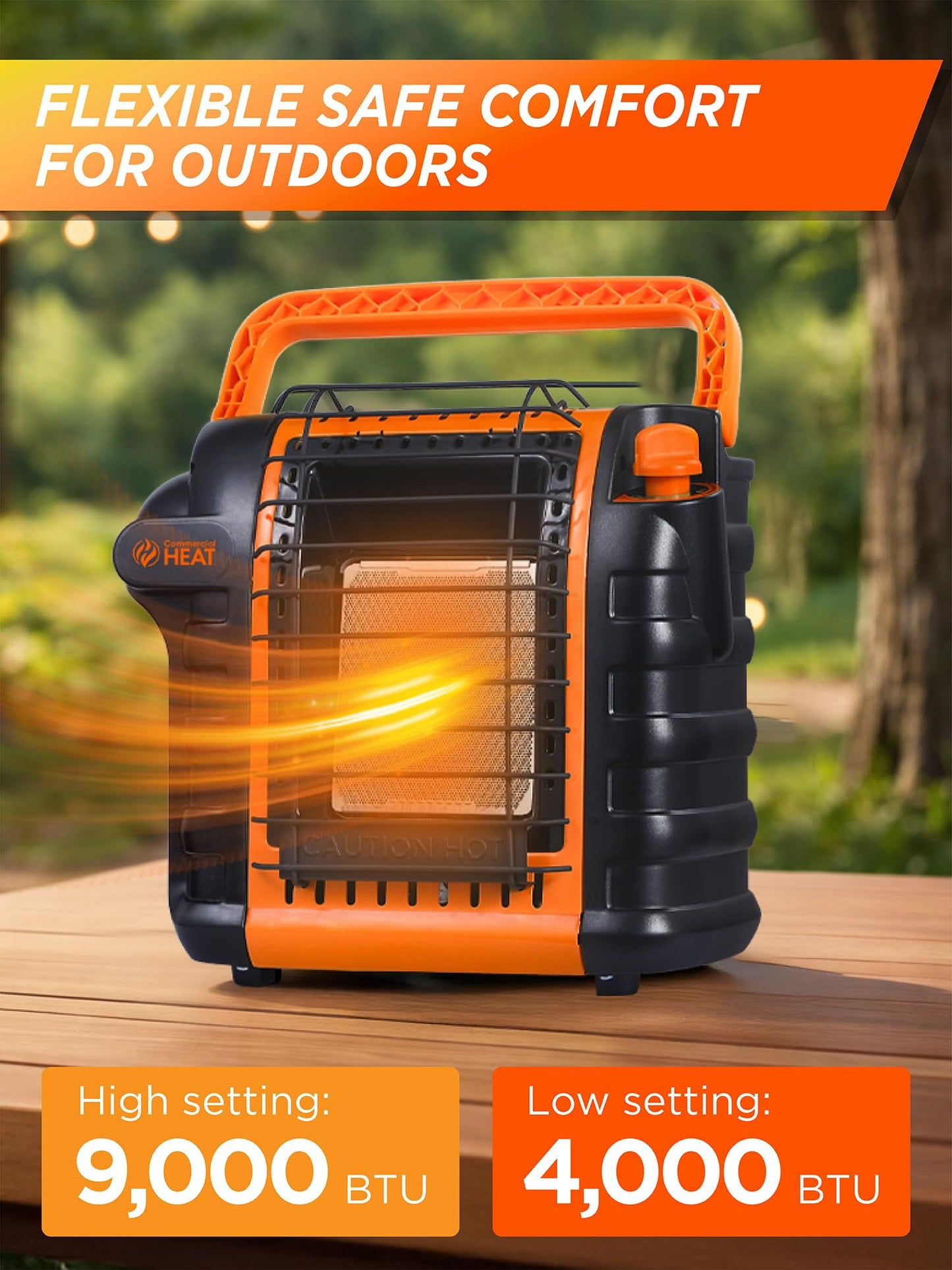 Commercial Heat 9000 BTU Portable Propane Heater for Outdoor Use, Patio Heater for Up To 300 Sq. Ft., 2 Heat Settings, Swivel Regulator Connects to 1 lb. Propane Tank, CHP9000O, Orange