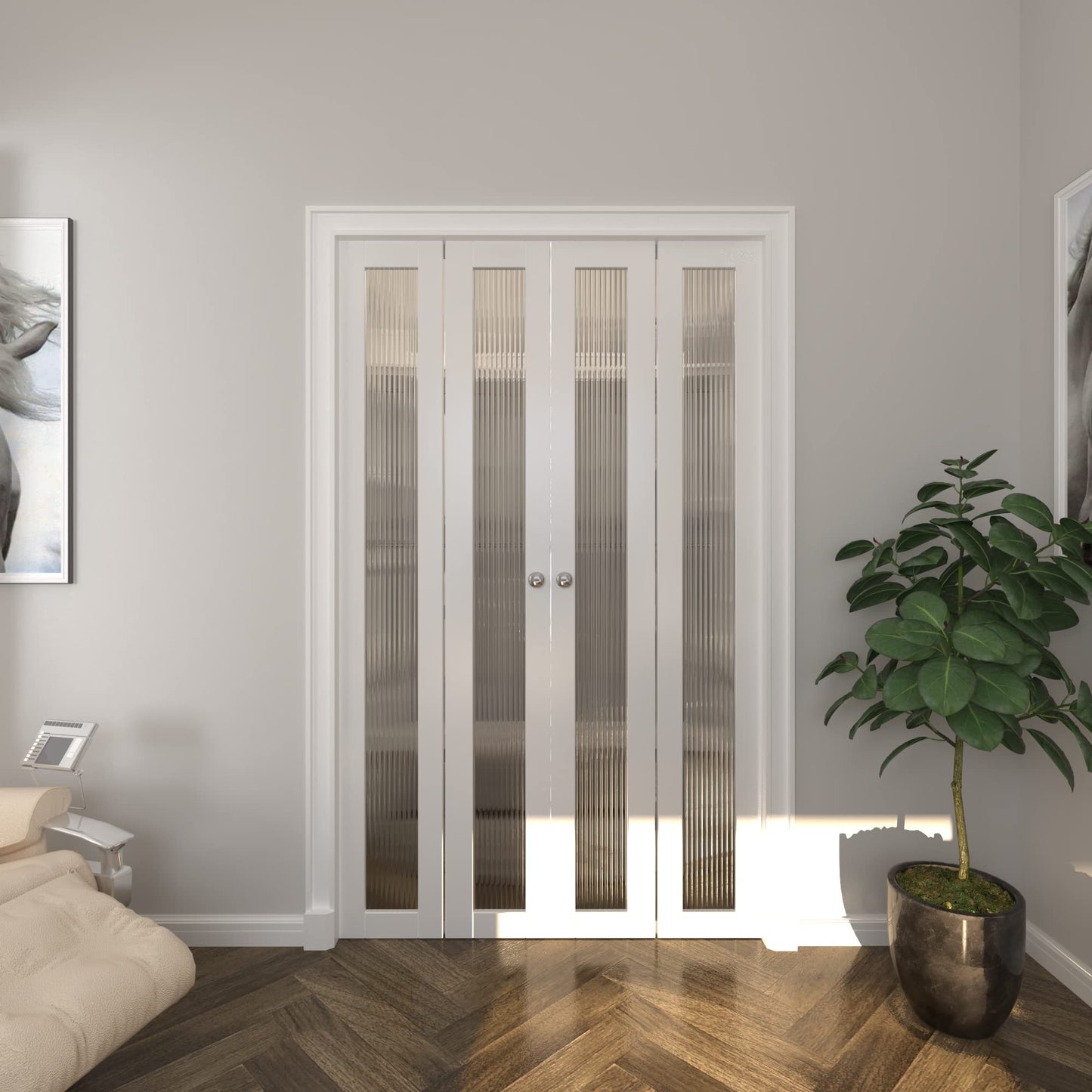 BARNER HOME Closet Door, Full Lite Reeded Glass Panel Bifold Doors, Easy Assembly, Folding Doors with Hardware Kits for 48"x 80" Opening