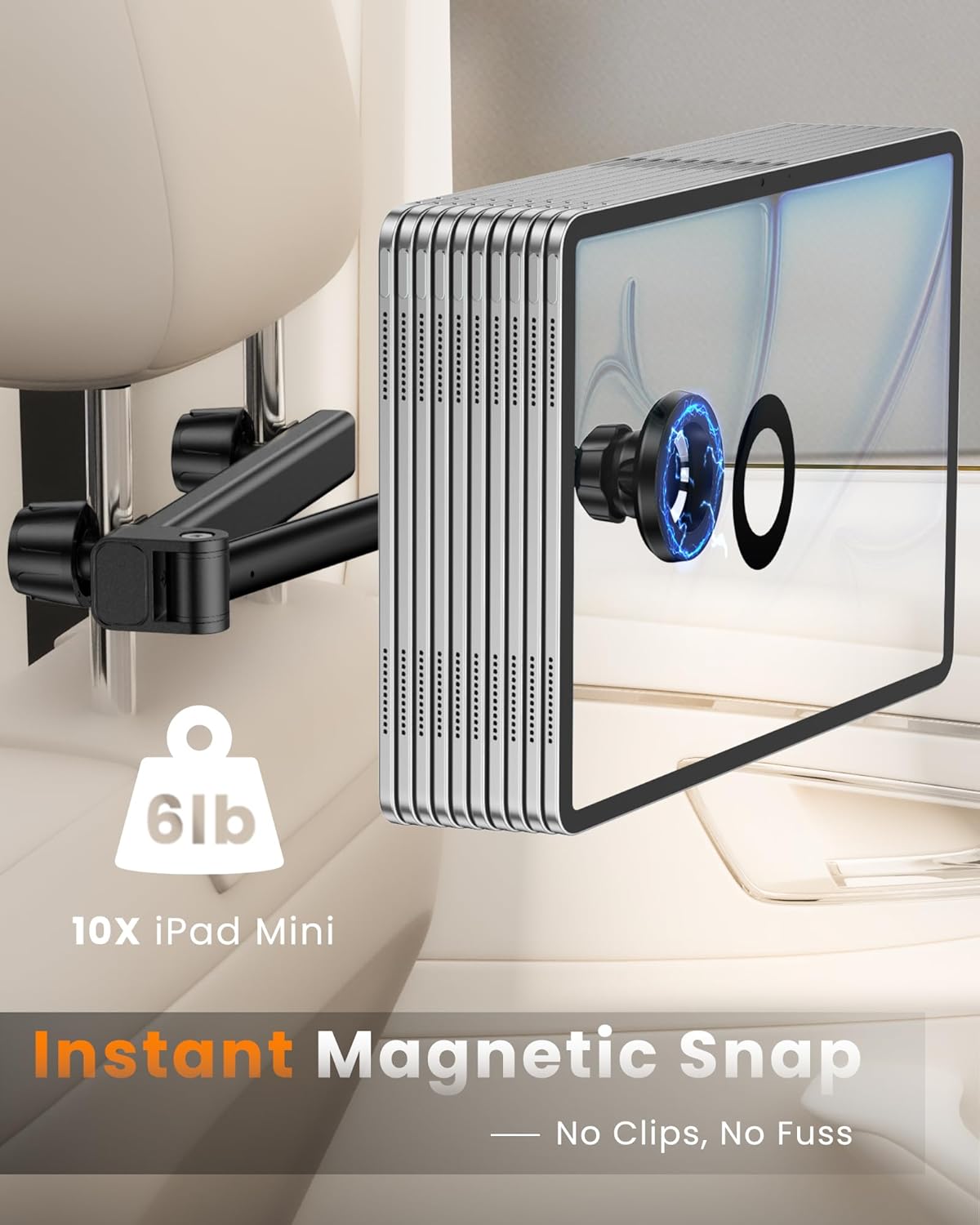 JDHDL 6 lb for Magsafe Car Headrest Tablet Holder, for iPad Holder Car Mount, Strong Magnetic Force Adjustable Aluminum