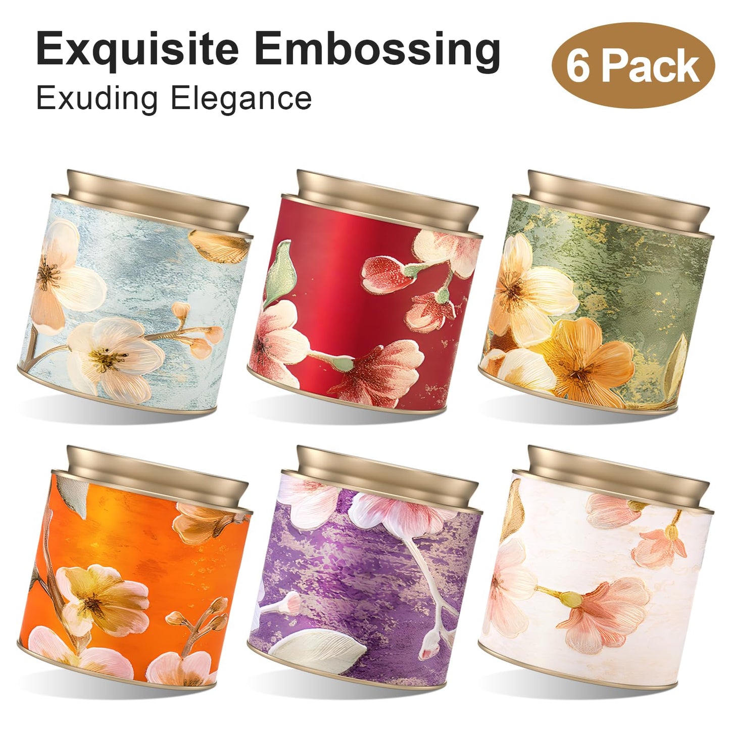 6 Pack Airtight Tea Canisters,15 Fluid Oz Embossed Tea Tins for Loose Leaf Tea Storage. Ideal for Tea, Coffee Beans, Candy, Nuts & More! Perfect for Kitchen and Pantry, Size 3.62x3.62" Coffee Canister