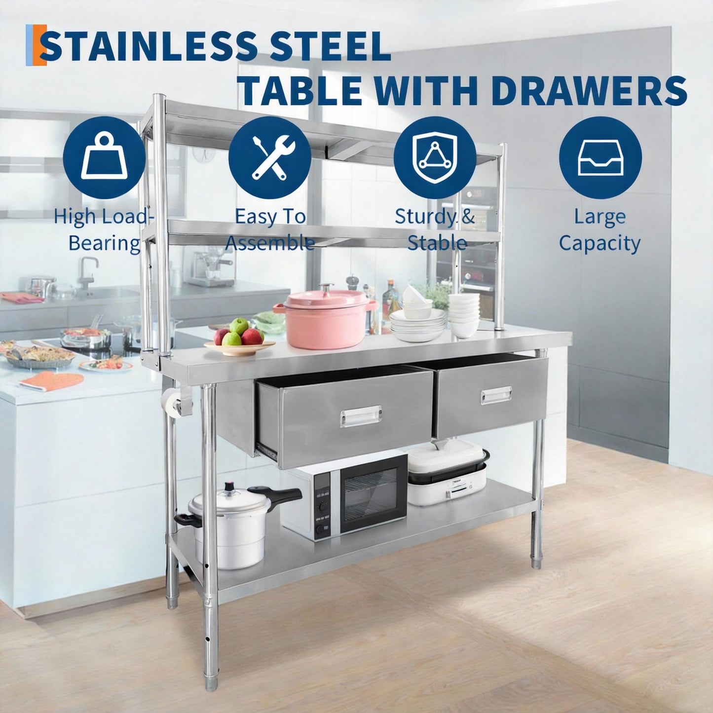 Garvee Stainless Steel Table with Shelves and Drawers, 48" X 24" Commercial Work Tables with 2-Tier Overshelves, Metal Kitchen Prep Table for Home Restaurant Garage, Commercial Workbench