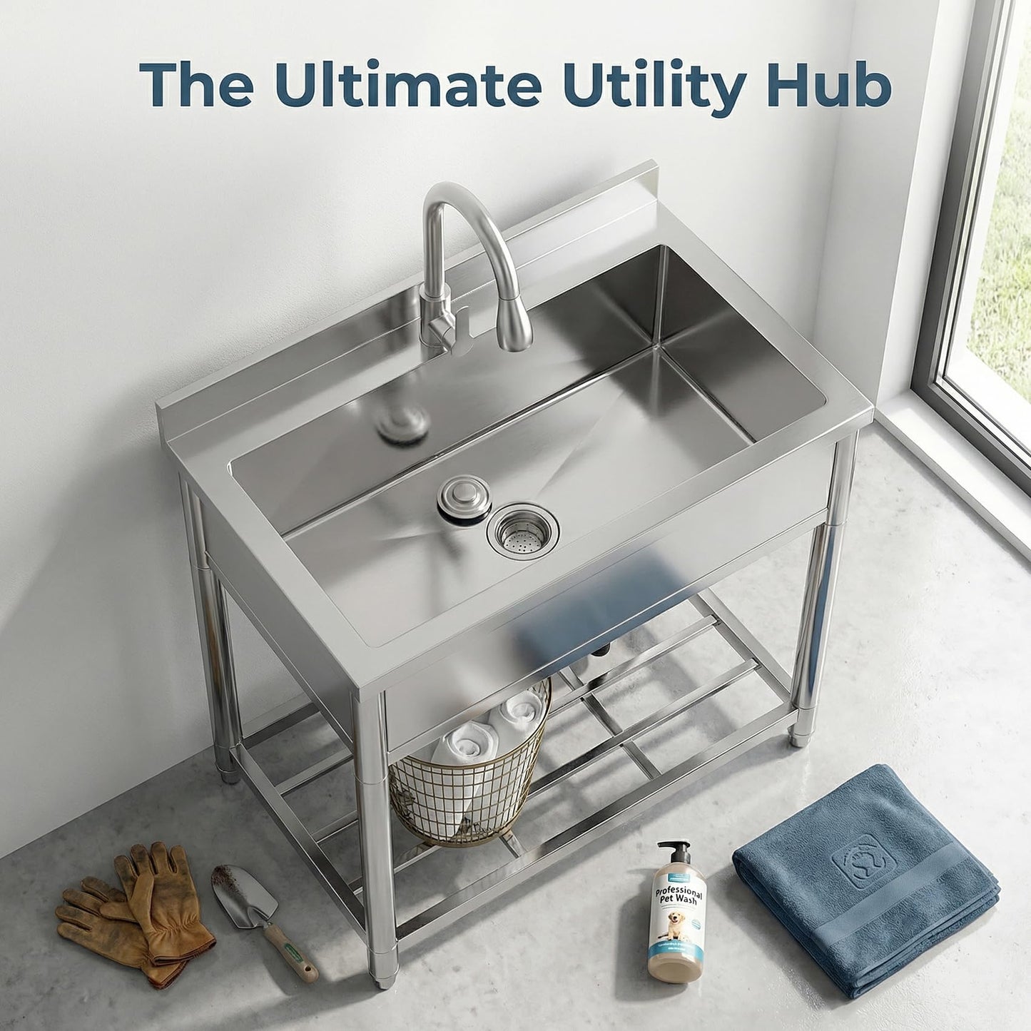 GGW Stainless Steel Large Utility Sink Single Bowl, Freestanding Laundry Sink with Pull-Out Faucet, Utility Sink for Laundry Room, Garage, Kitchen, Outdoor/Indoor Use, W35.4" x D22.4" x H37"
