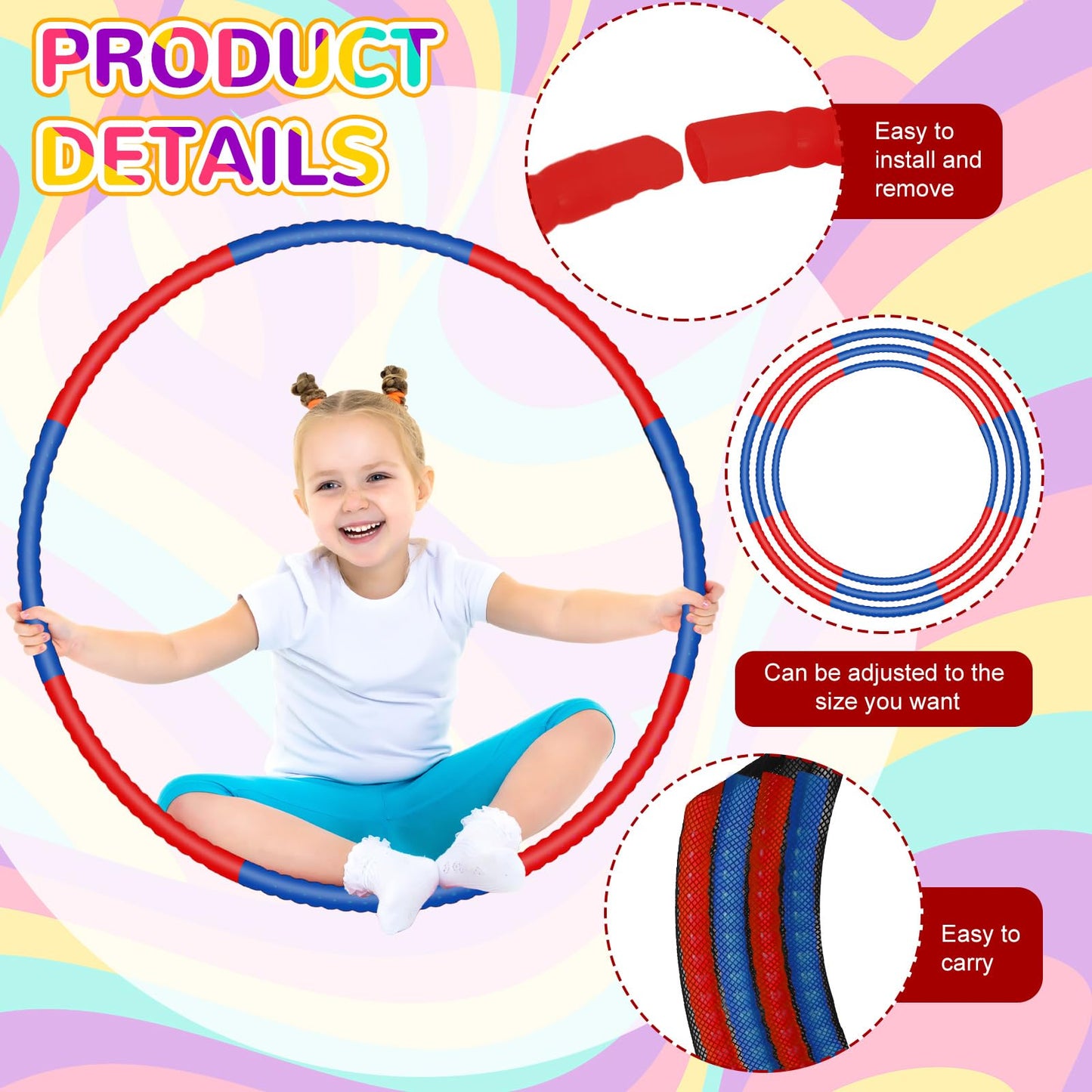 Halloscume 6 Pcs Exercise Hoop Detachable Fitness Rings Adjustable Plastic Toy Fitness Hoop Playground Toys Colored Circles for Teens Games Gymnastics Agility, 28 Inch(Dark Blue, Red)