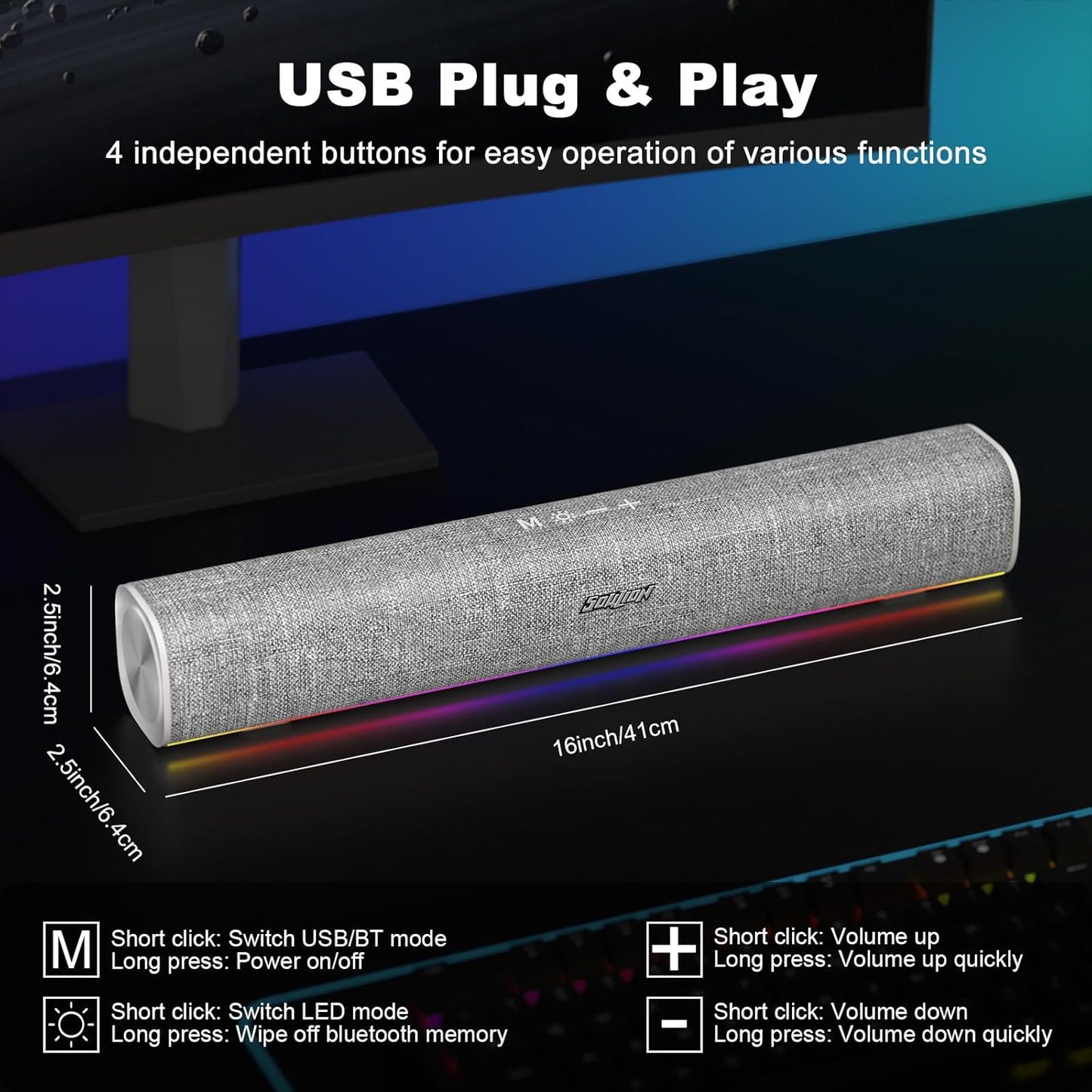 SOULION R100 Bluetooth Computer Speakers with Dynamic LED Light, USB Plug & Play PC Speakers with Switch Button
