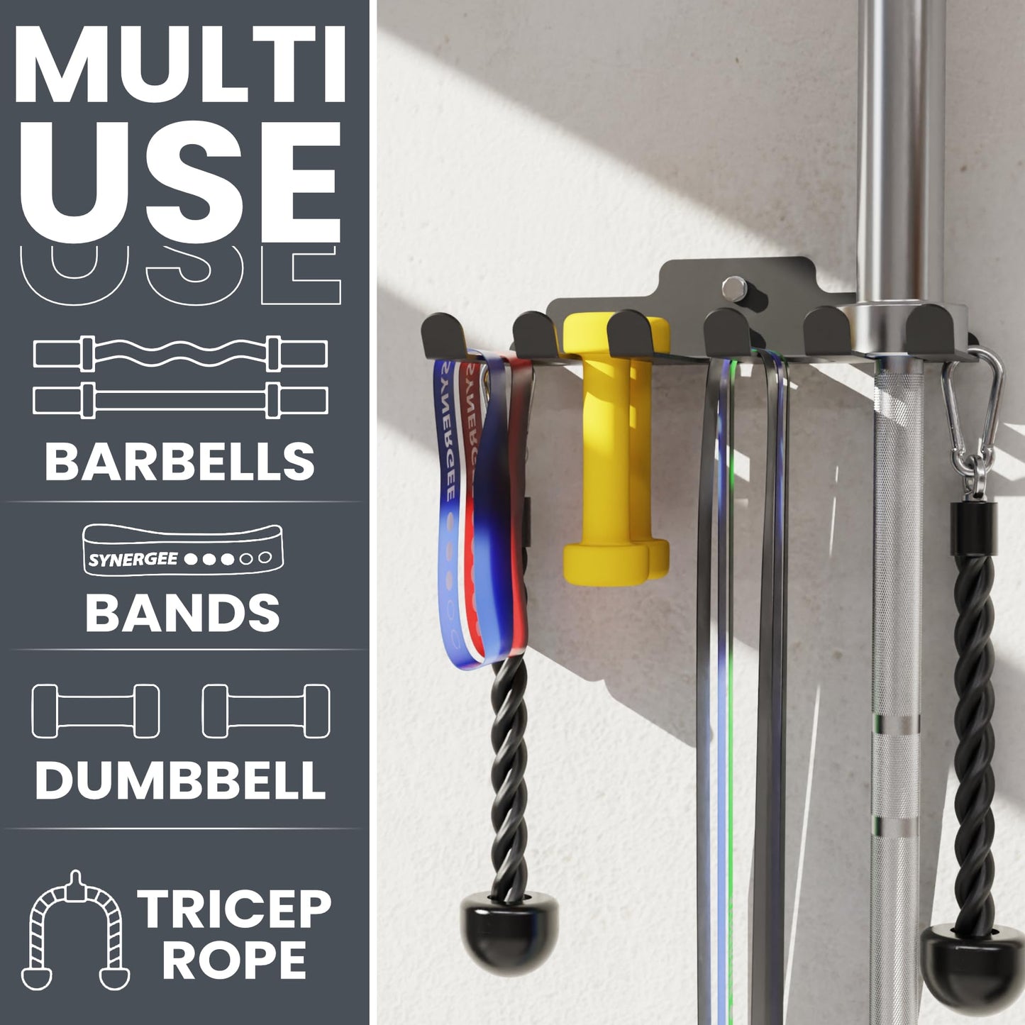 Synergee Wall Mounted Barbell Holder & Gym Accessory Rack Heavy Duty Steel 5 Bracket
