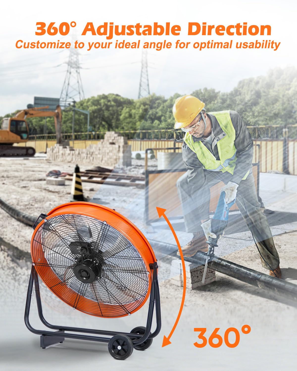 JVO 24 Inch Industrial Floor Drum Fan - 9500 CFM Heavy Duty High Velocity Floor Fan with 8 Blades 3-Speed Big Ass Fan for Warehouse, Garage, Shop, Patios Heavy Duty Shop Fans & Garage Fans for Cooling