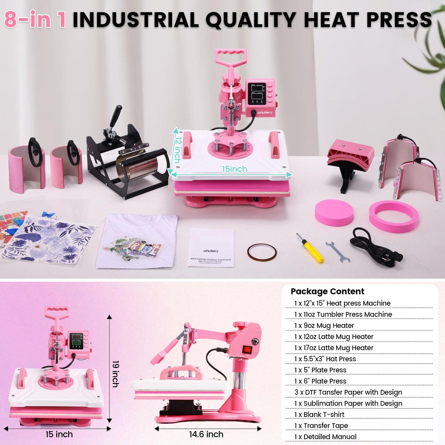 Whubefy Heat Press 12x15 inch 8 in 1 Combo with Tumbler Press, 360° Swing Away Digital Shirt Press Machine, Industrial-Quality Heat Transfer Sublimation for T-Shirt/Tumbler/Mug/Hat/Cap/Plate