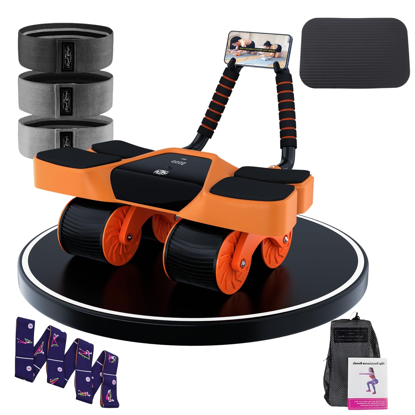 2026 New 4-Wheel Abdominal Roller with Elbow Support : Latest Upgraded High-Performance Exercise Machine With Automatic Rebound, Multi- layered Anti-Slip Design with Built-in Workout Tracker (Orange + 3 Bands + 1 Strap)