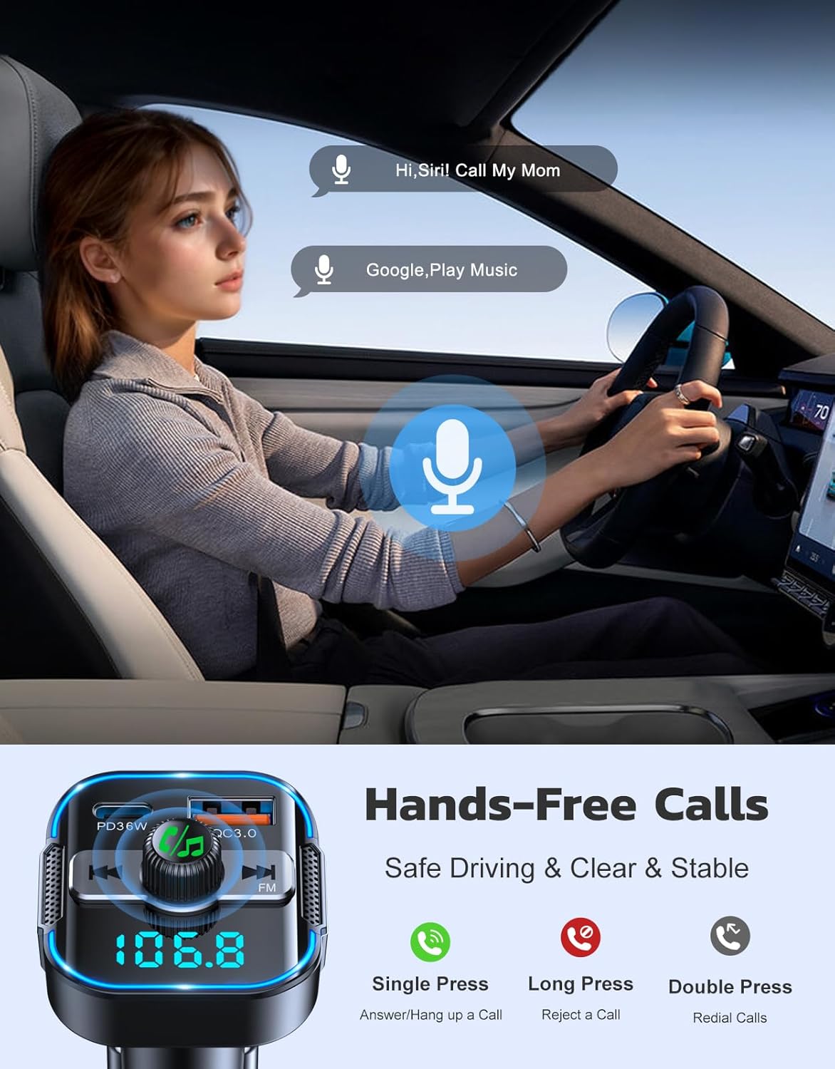 RIWUSI 5.3 36W+QC3.0 18W, 2-in-1 Bluetooth Car AdapterPD FM Bluetooth Transmitter Dual Stronger Mics& Fast Car Charger