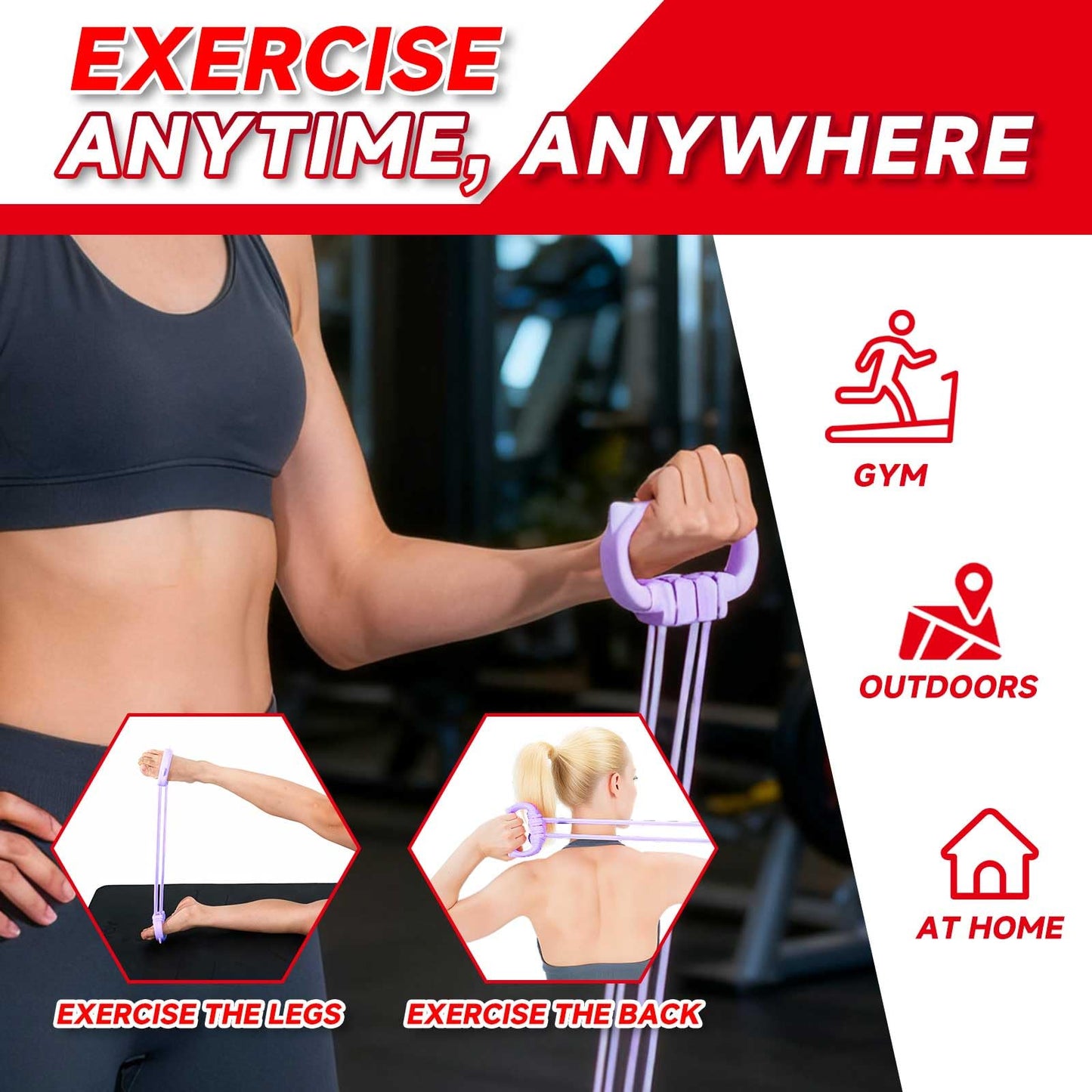 XLMABZ 6 Gear Adjustable Resistance Bands, Fitness Resistance Bands Exercise Bands with Comfort Grips, Unisex, for Arms, Chest Extender, Home Workout, Fitness, Pilates (Purple)