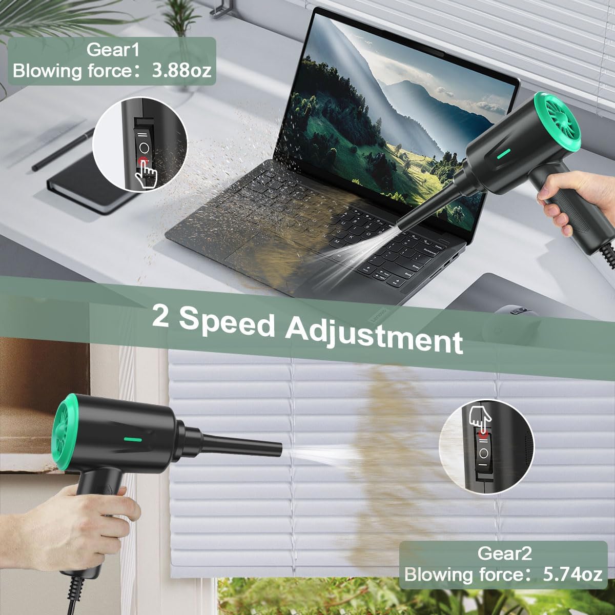 5.74oz 2 Meudeen Air Duster - Electric Air Blower - High Power Cleaning for Computer - PC - Gear Compressed Air