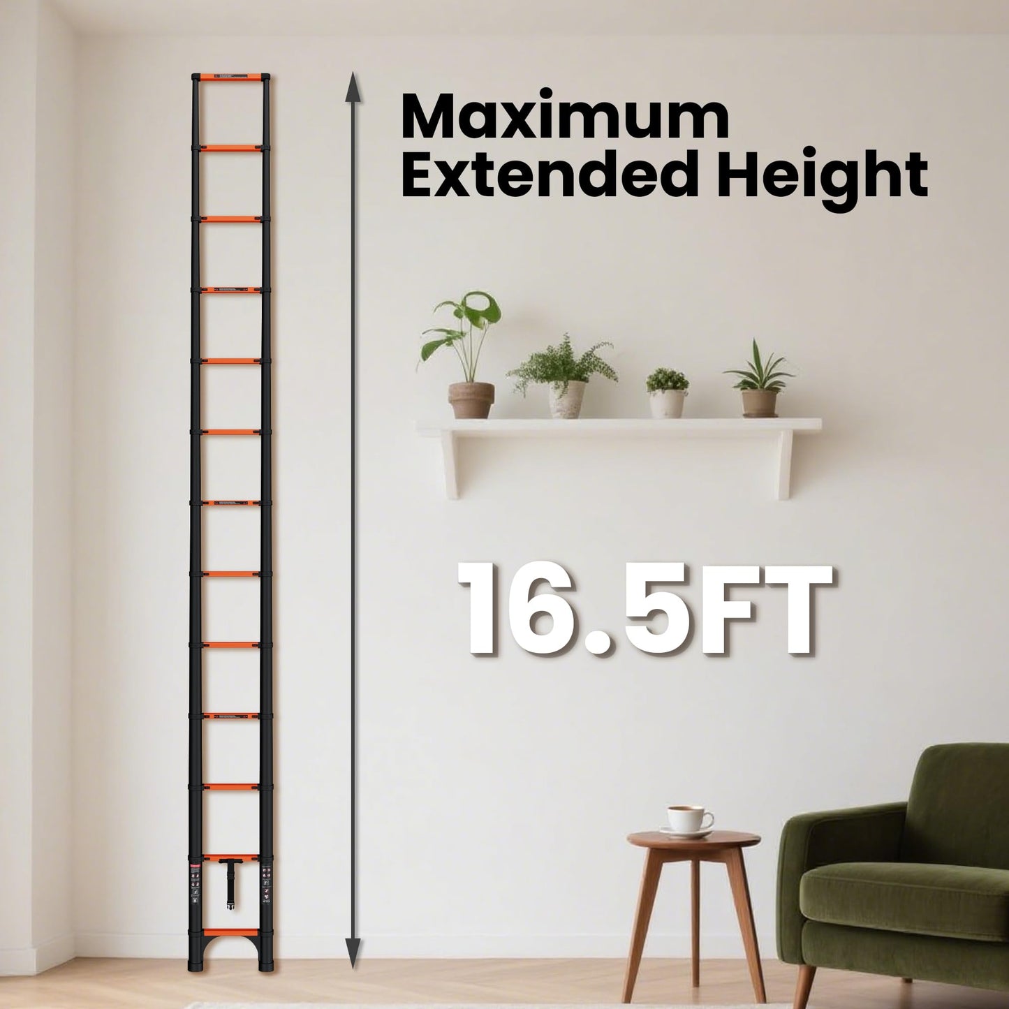 SINMEIRUN Telescoping Ladder, 16.5 FT, Aluminum Extension Ladder, 330 lbs Capacity, Collapsible Multi-Purpose Ladder for Home, Roof and RV; Orange