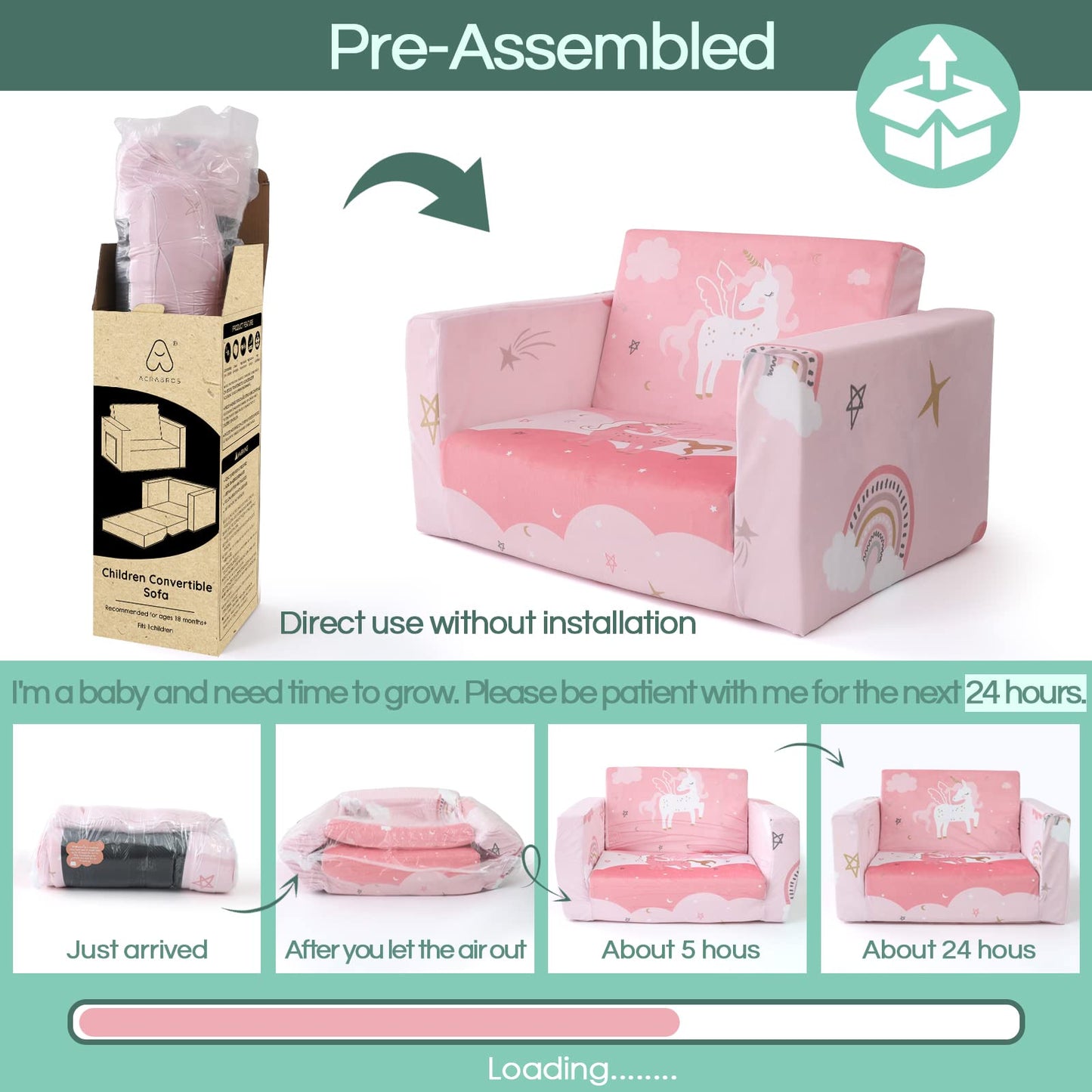 ACRABROS Kids Couch: Toddler Sofa Bed Fold Out for Gilrs Boys Baby Flip Out Convertible Lounge Chair Unicorn