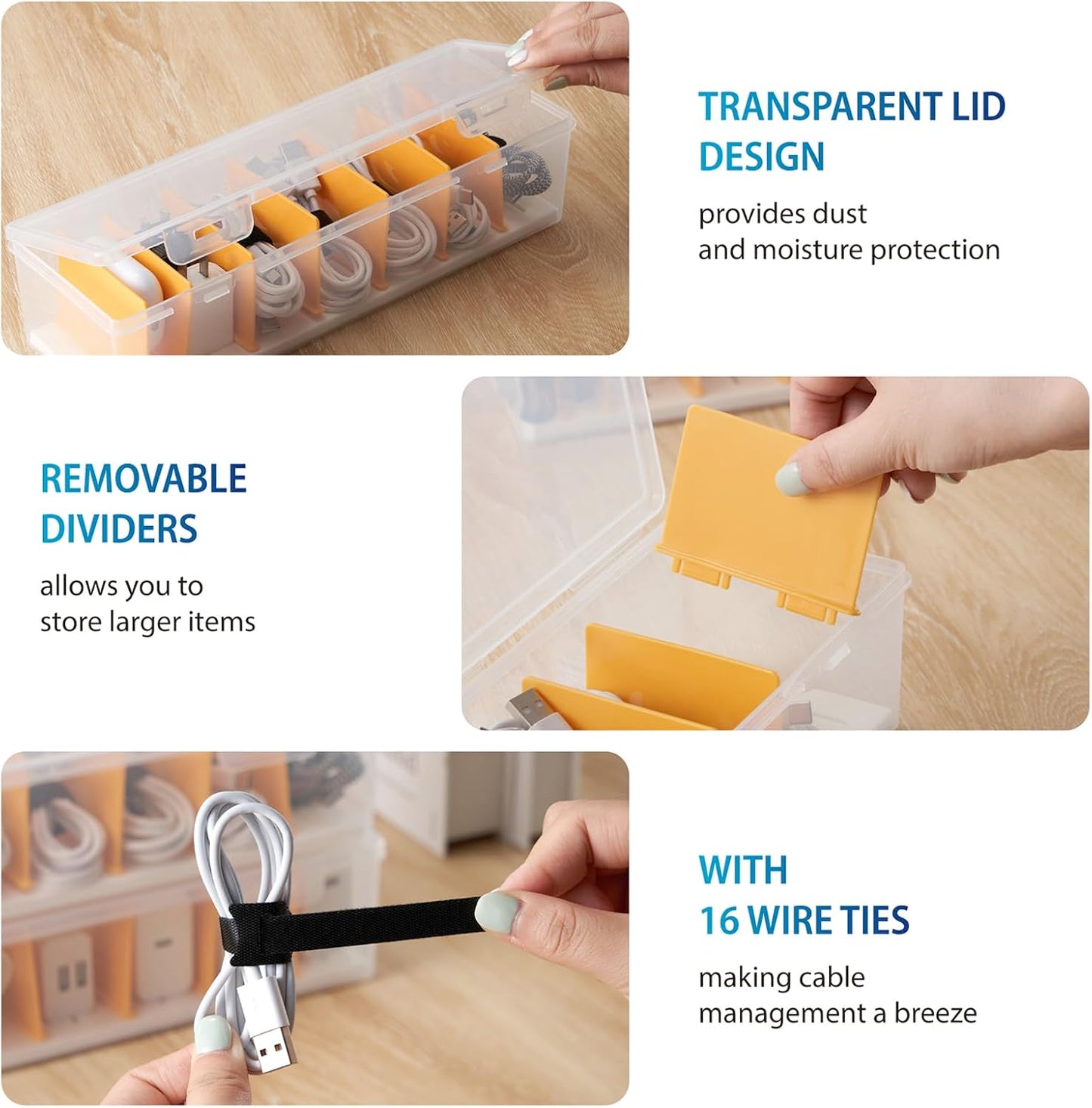 2 Pack 16 Cable Organizer Storage Box with Cable Ties, Clear Phone Charger Organizer Case Wire Organizers for Cords
