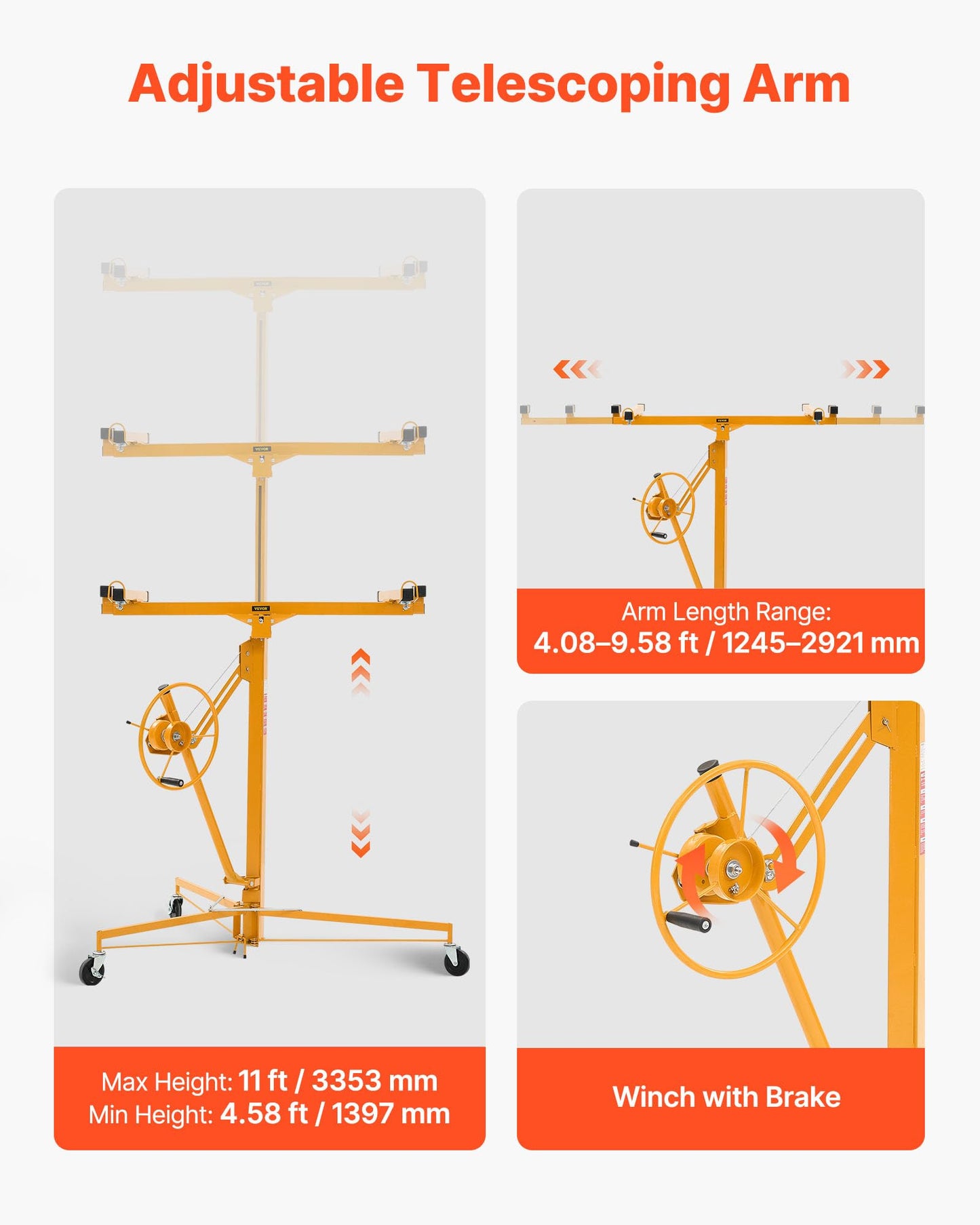 VEVOR 11ft Drywall Lift, Heavy-Duty 150 lbs Sheetrock Hoist with Adjustable Telescoping Arm, Lockable Wheels, Drywall Lifter Panel Jack Hoist Tools Ideal for Ceiling & Wall Installation (Yellow)