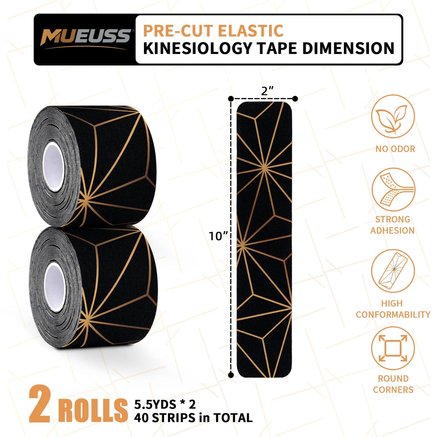 MUEUSS Copper Infused Kinesiology Tape, 40 Precut Strips (2 Rolls), Water Resistant Strips, Original Cotton Elastic Athletic Tape for Sports & Weightlifting, Muscle Strain Relief & Joint Support