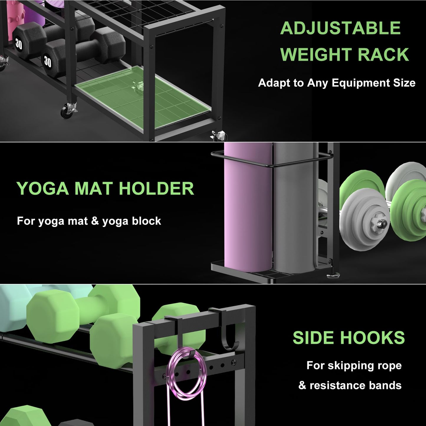 6-Tier Multi-Functional Home Gym Storage Rack with Wheels and Hooks, Adjustable Weight Rack for Dumbbells Kettlebells Yoga Mat and Balls, Space Saving Workout Equipment Storage Organizer