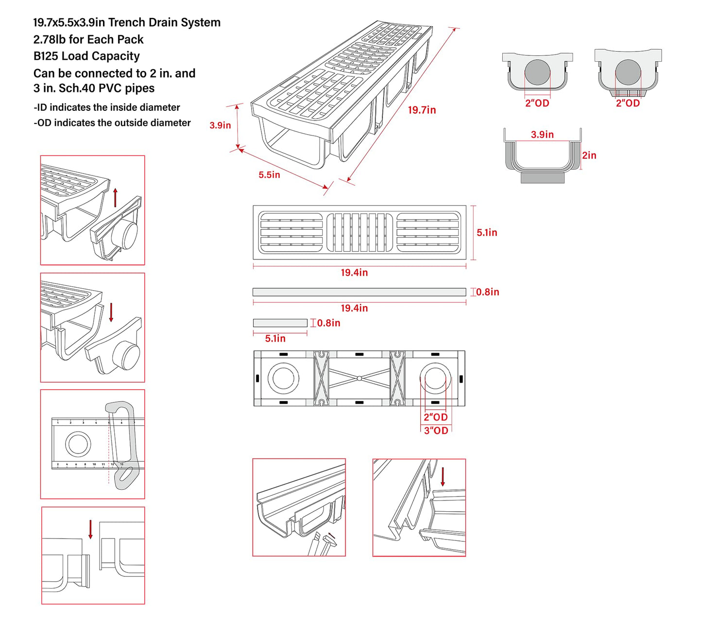 Natotela B Class Driveway Channel Drain with HDPE Grate-19.7Lx5.5Wx3.9H in. Shallow Profile Trench Drain System,6 Pack Total Length 118.2in,Heavy Duty Trench Drain for Garage,Parking Lot,Concrete