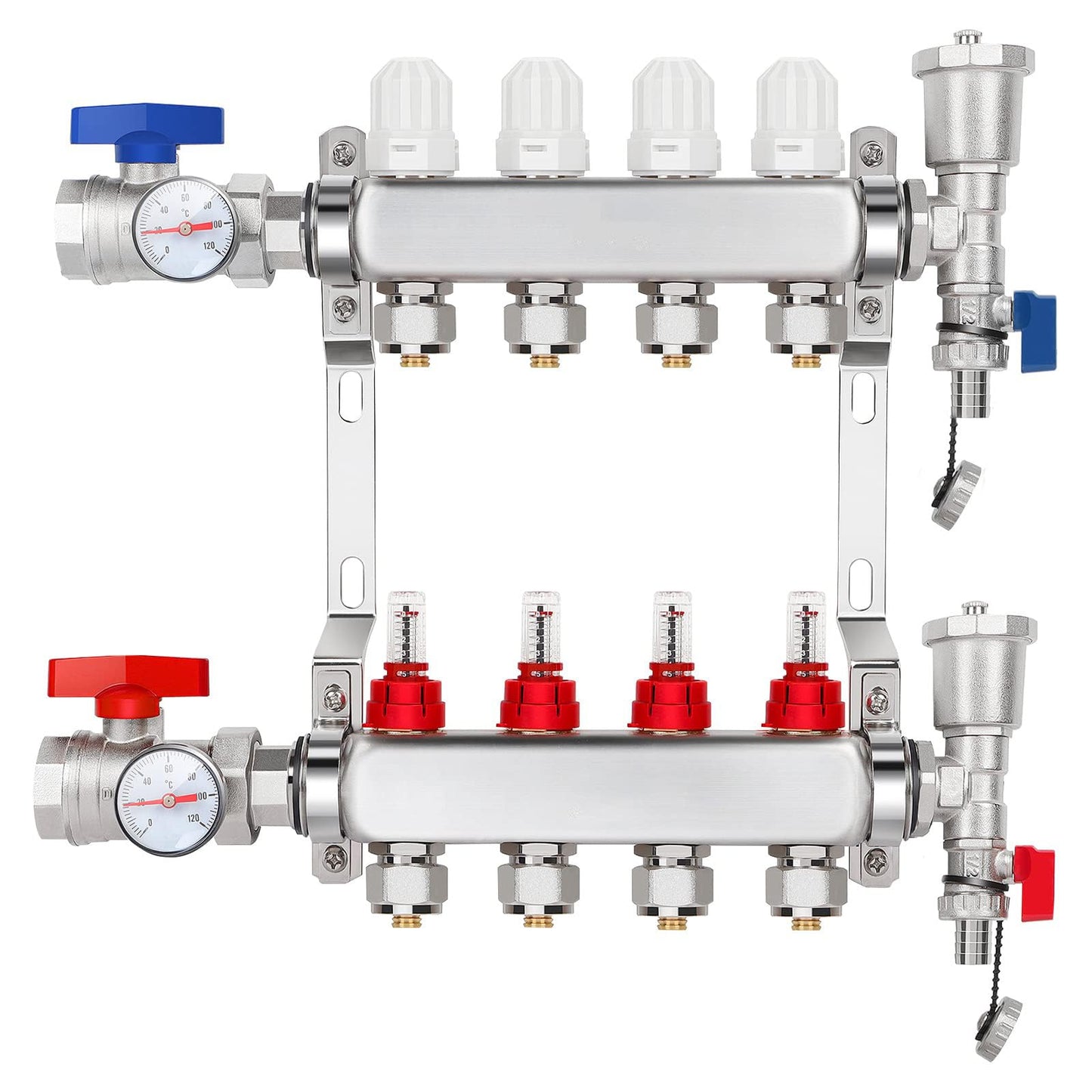 YUFUYEK 4-Branch PEX/Radiant Heat Manifold ，1/2" PEX Tubing Manifold,304 Stainless Steel Floor Heat Manifold Kit with 1/2" Adapters Included for Hydronic Radiant Floor Heating (4-LOOP)