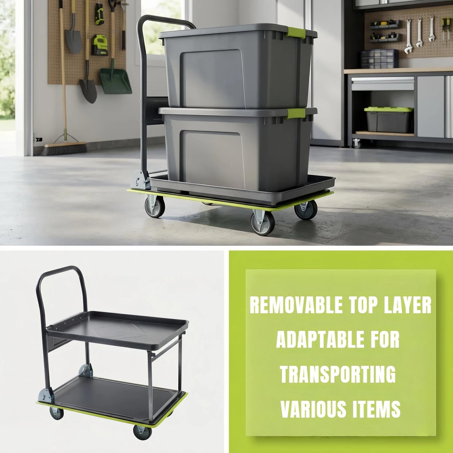 Amarite 2 Tier Platform Truck 700lbs Heavy Duty Push Cart Dolly with 360° Swivel Wheels, Foldable Rolling Flatbed Cart with Detachable Top Shelf for Warehouse and Office, Steel, 28.8" L x 18.5" W
